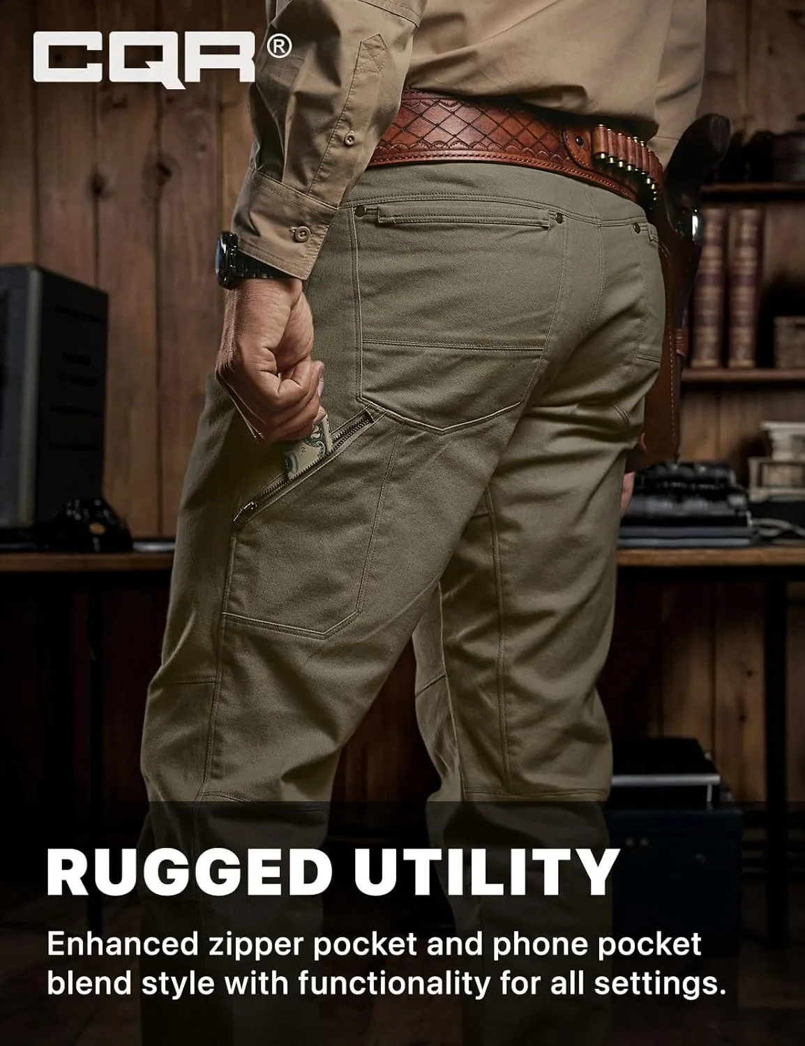 CQR Men's Motion Utility Casual Pants, Regular Fit Lightweight Work Pants, Water Resistant Outdoor Stretch Pants with Pockets