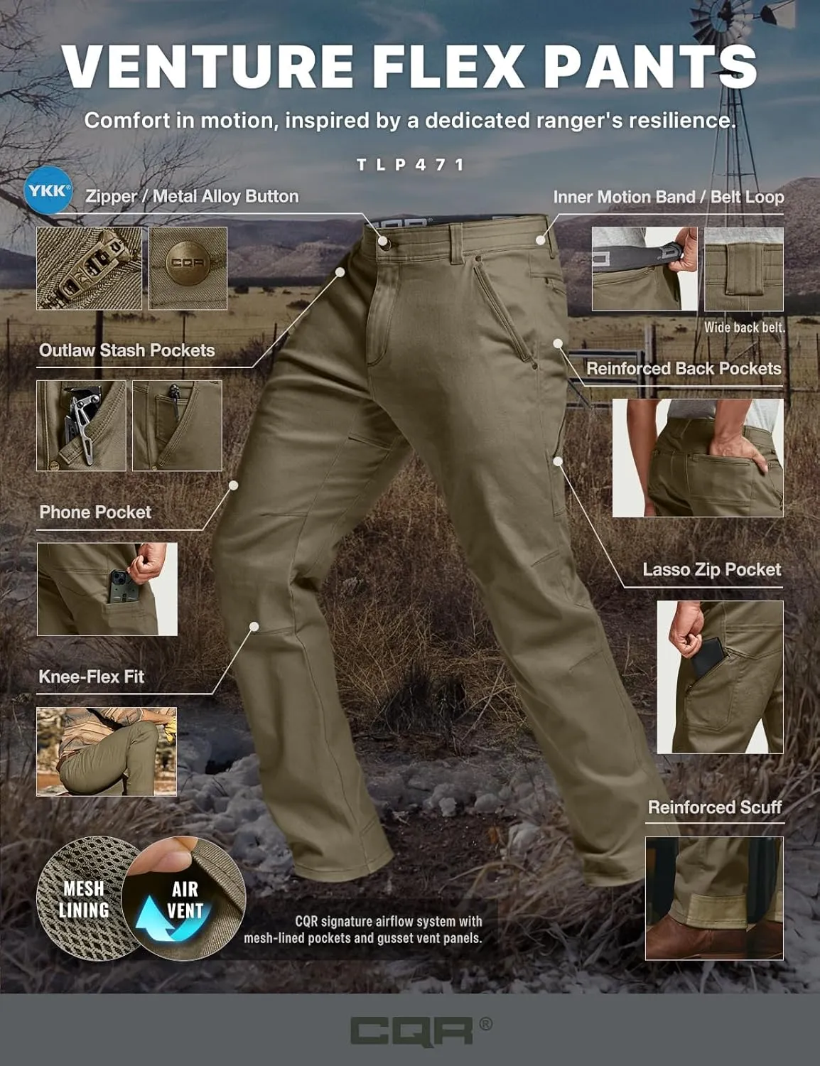 CQR Men's Motion Utility Casual Pants, Regular Fit Lightweight Work Pants, Water Resistant Outdoor Stretch Pants with Pockets