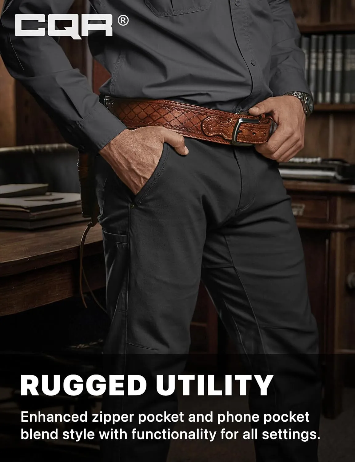 CQR Men's Motion Utility Casual Pants, Regular Fit Lightweight Work Pants, Water Resistant Outdoor Stretch Pants with Pockets