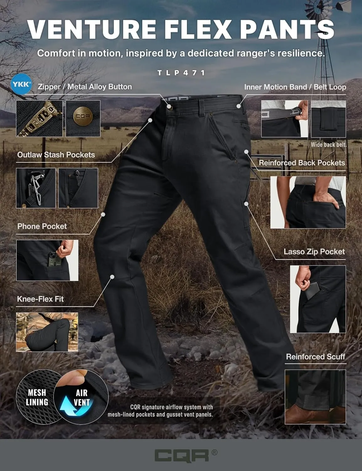 CQR Men's Motion Utility Casual Pants, Regular Fit Lightweight Work Pants, Water Resistant Outdoor Stretch Pants with Pockets