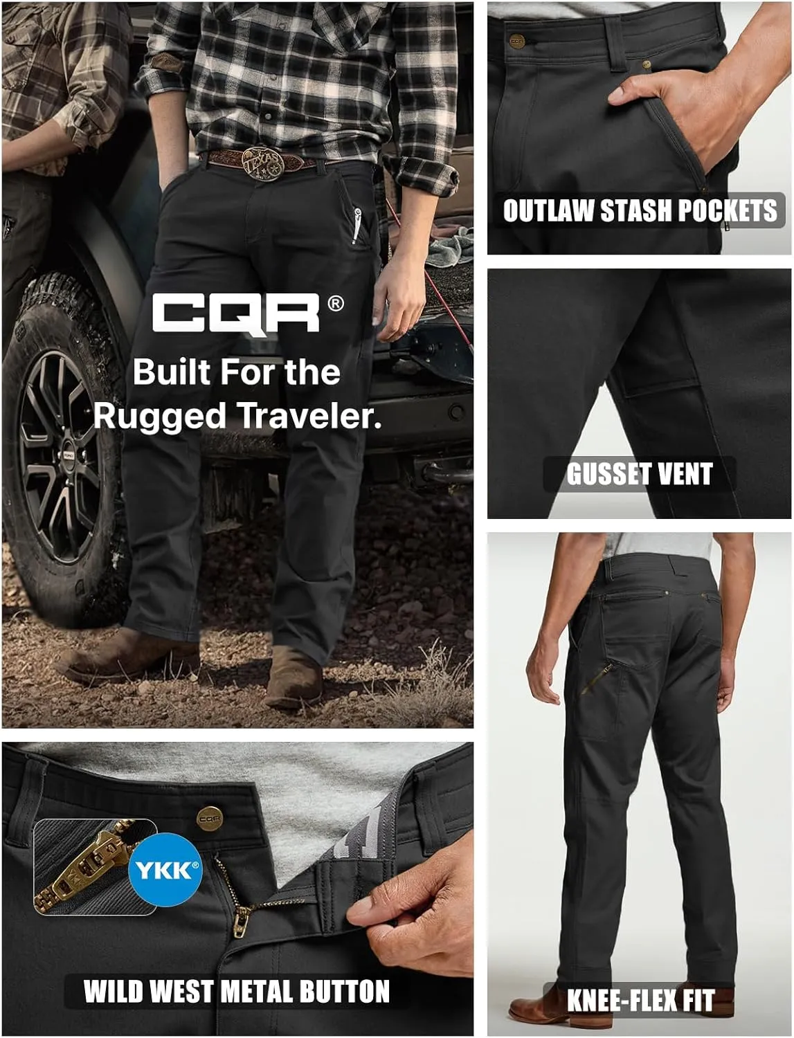 CQR Men's Motion Utility Casual Pants, Regular Fit Lightweight Work Pants, Water Resistant Outdoor Stretch Pants with Pockets