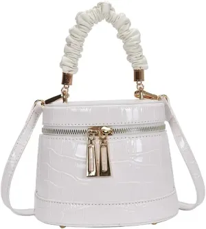 Crocodile Pattern Leather Satchel Handbag for Women Leather Cylinder Purse Fashion Top Handle Crossbody Bag (White)