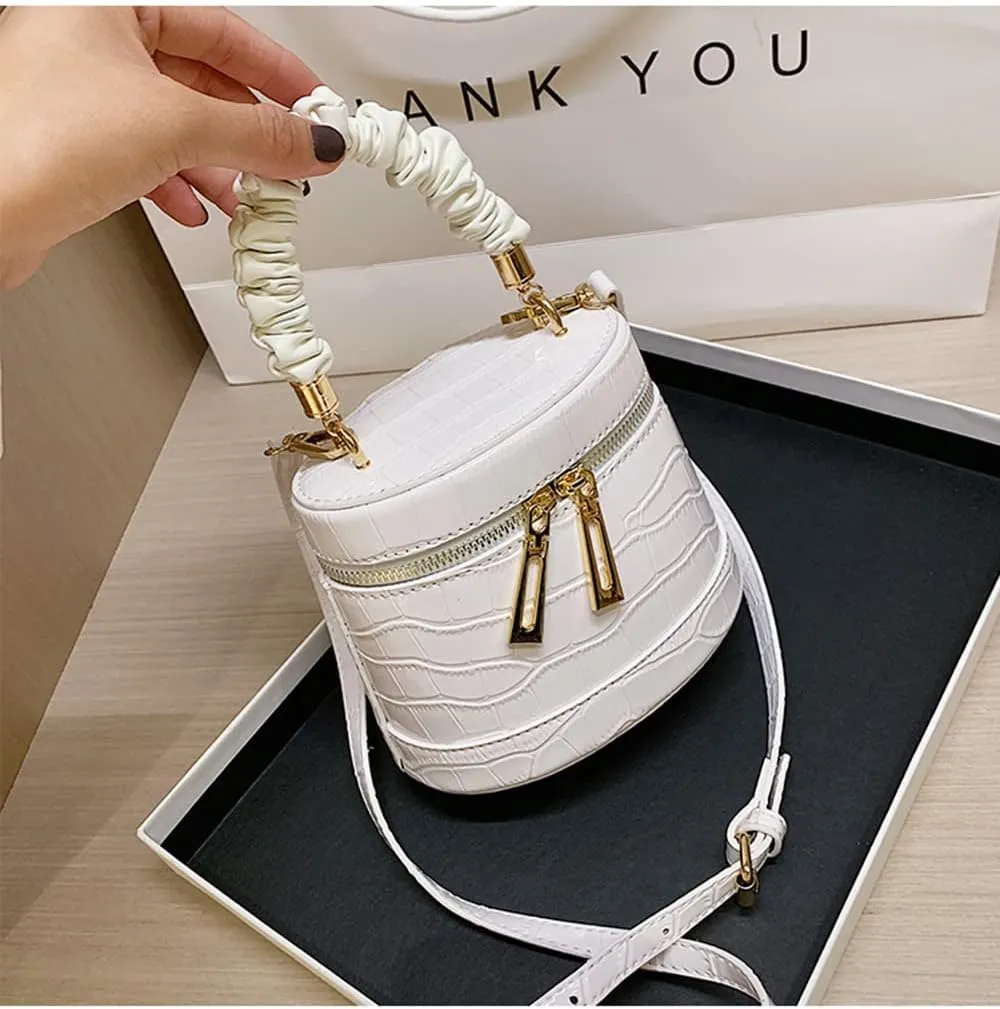 Crocodile Pattern Leather Satchel Handbag for Women Leather Cylinder Purse Fashion Top Handle Crossbody Bag (White)