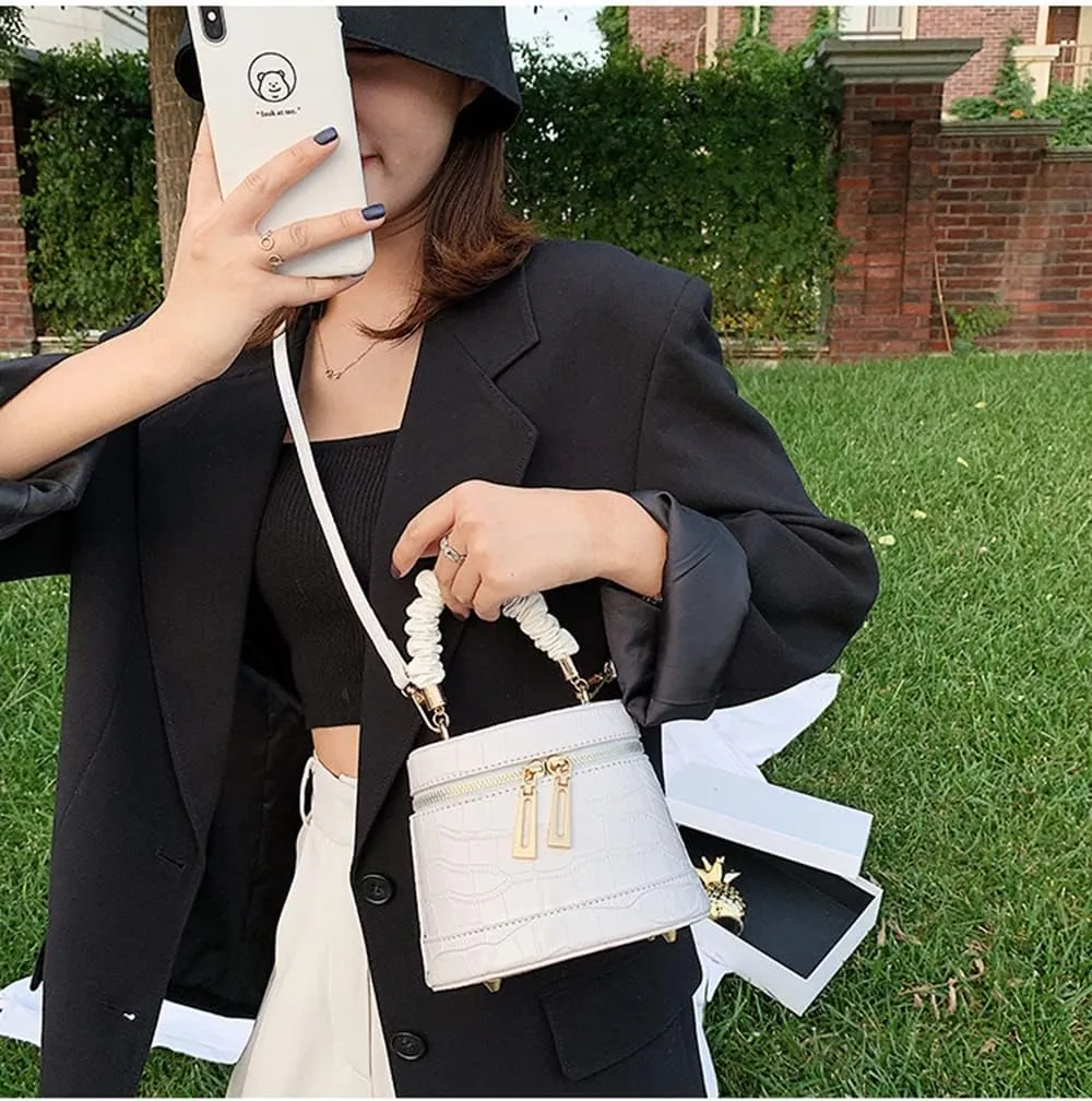 Crocodile Pattern Leather Satchel Handbag for Women Leather Cylinder Purse Fashion Top Handle Crossbody Bag (White)