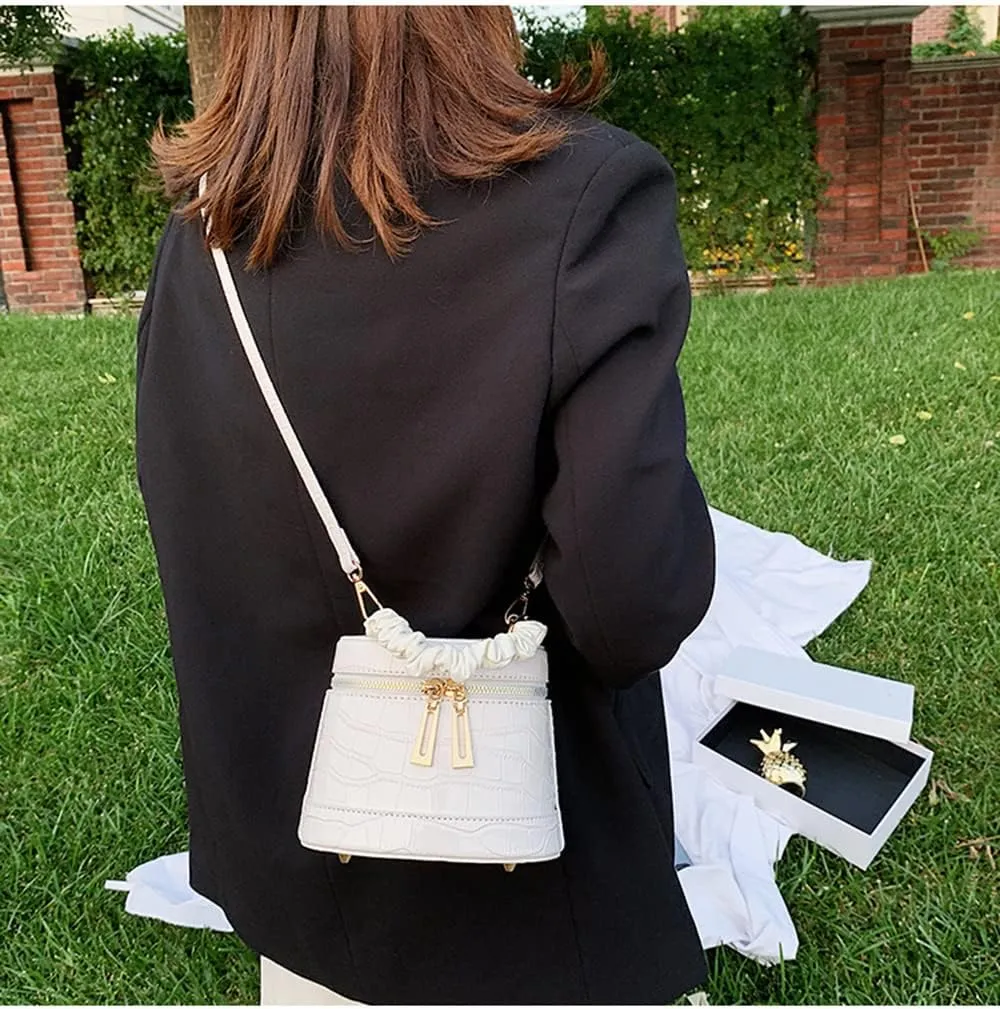 Crocodile Pattern Leather Satchel Handbag for Women Leather Cylinder Purse Fashion Top Handle Crossbody Bag (White)