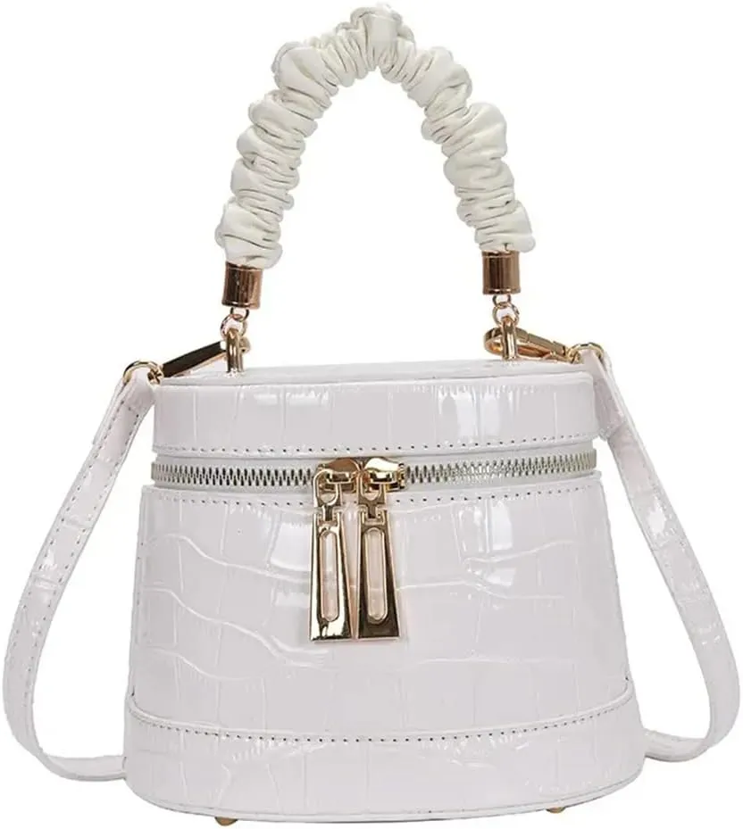 Crocodile Pattern Leather Satchel Handbag for Women Leather Cylinder Purse Fashion Top Handle Crossbody Bag (White)
