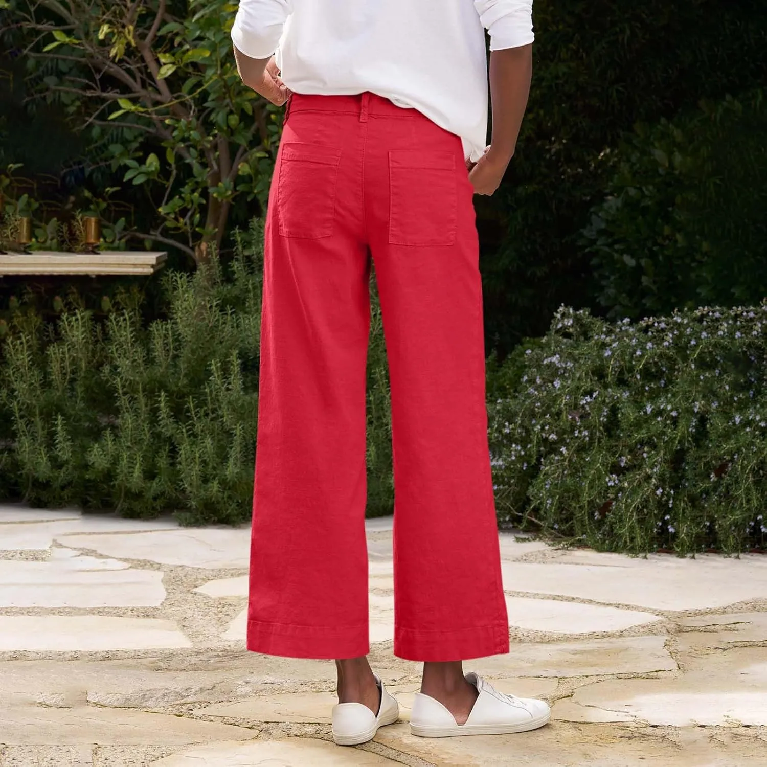 Cropped Linen Pants Women Elastic Waist Teacher Pants Lightweight Summer Comfy Capri Work Pants Loose Ankle Pants