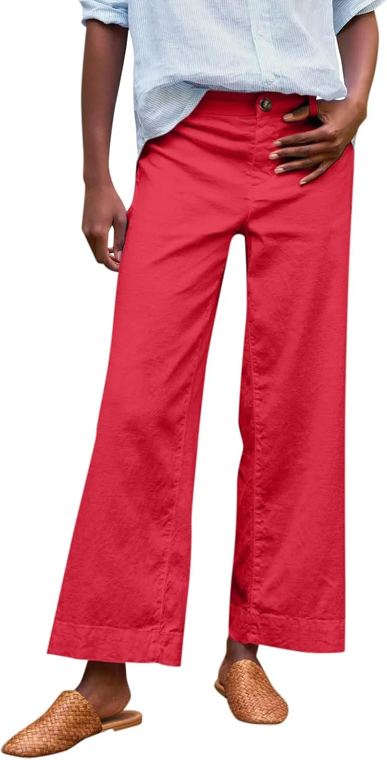 Cropped Linen Pants Women Elastic Waist Teacher Pants Lightweight Summer Comfy Capri Work Pants Loose Ankle Pants