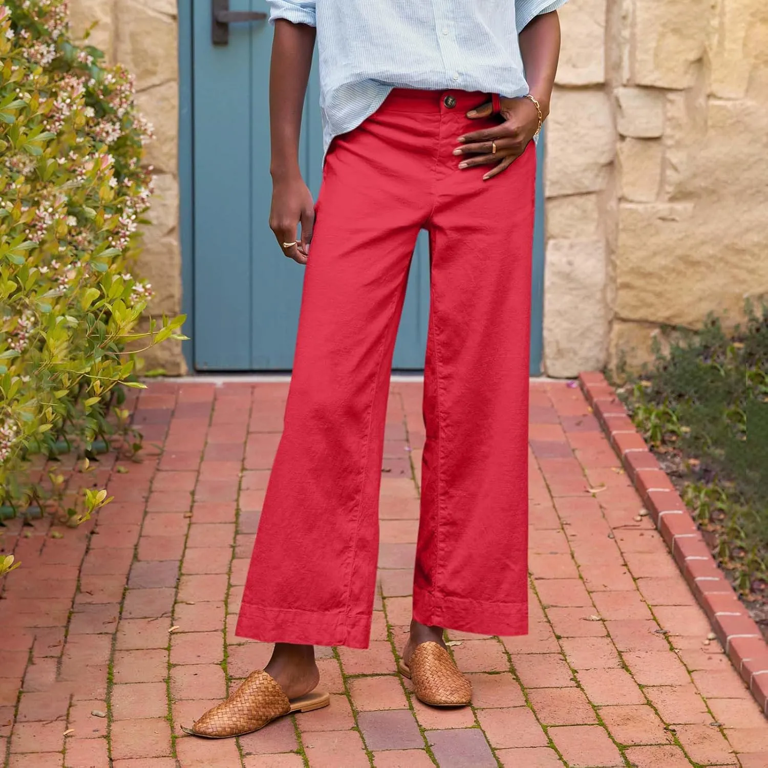 Cropped Linen Pants Women Elastic Waist Teacher Pants Lightweight Summer Comfy Capri Work Pants Loose Ankle Pants