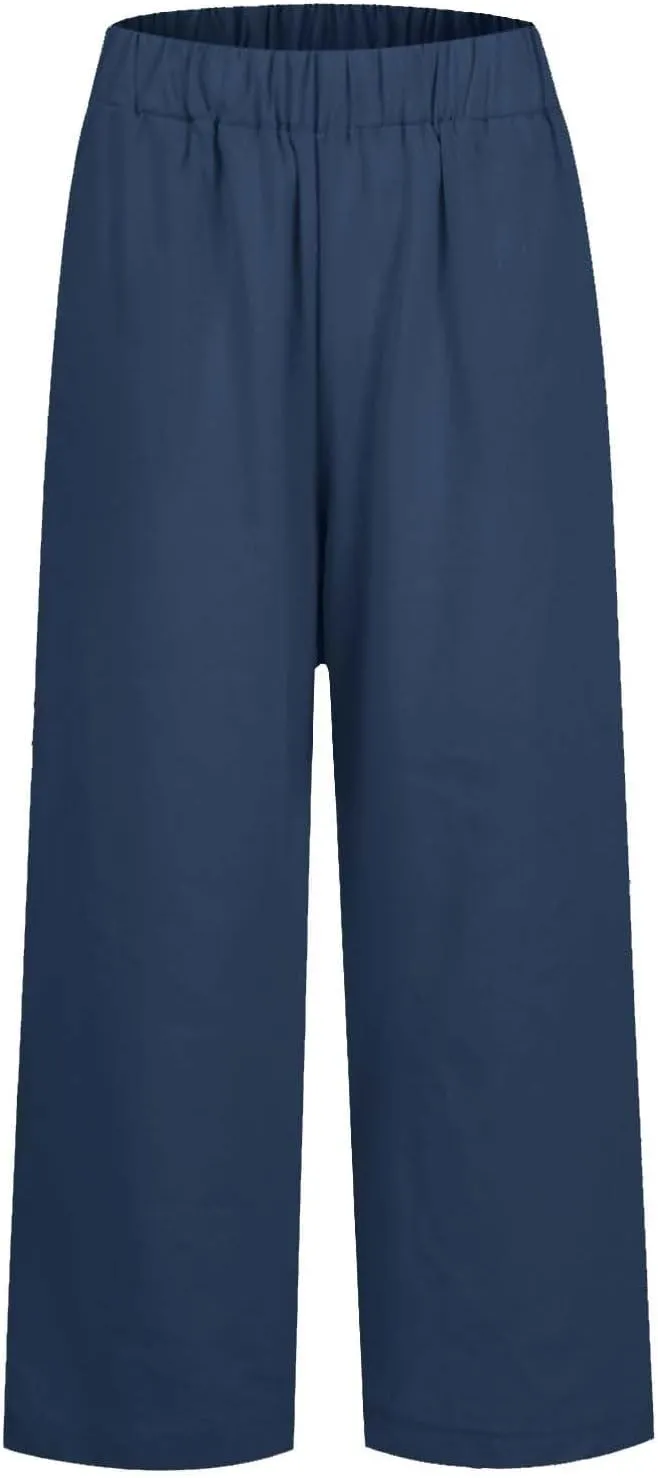 Cropped Linen Pants Women Plus Size Lightweight Summer Pants Straight Wide Leg Crop Pants Beach Pants with Pockets