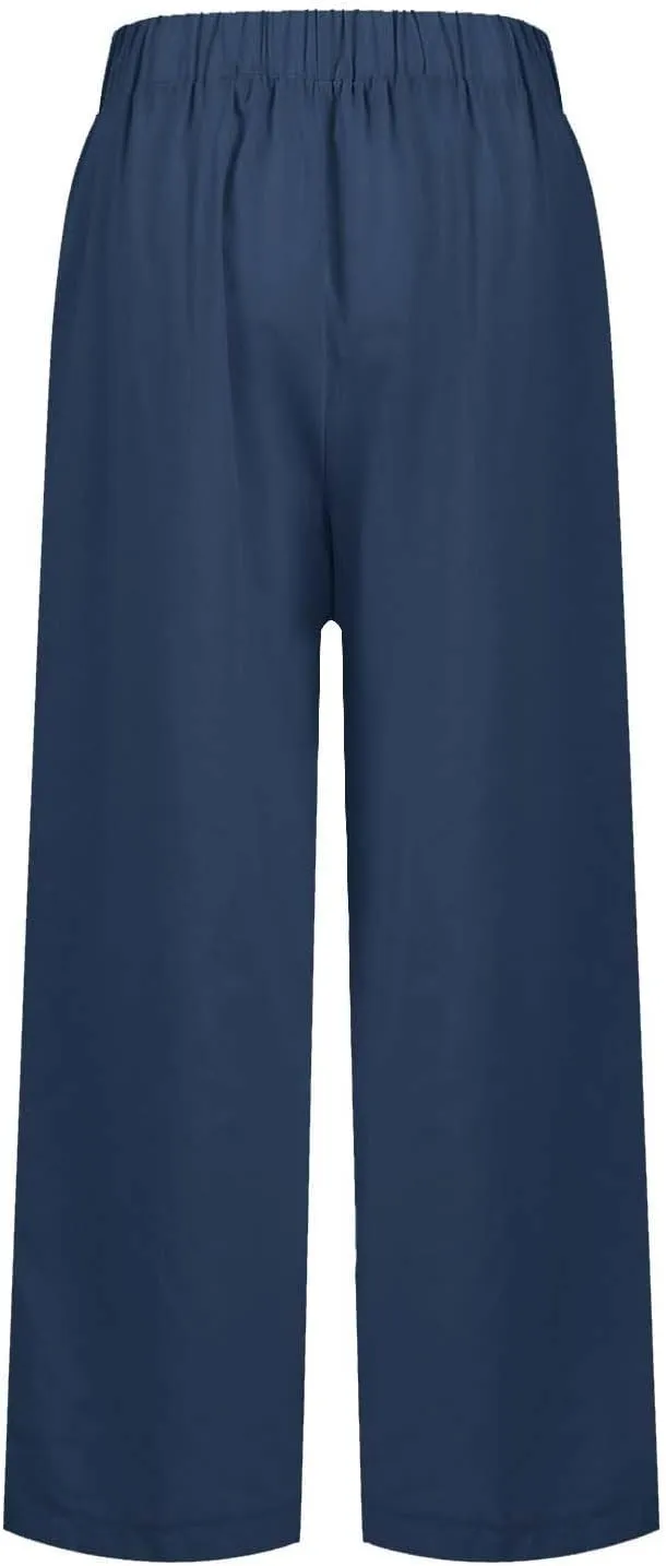 Cropped Linen Pants Women Plus Size Lightweight Summer Pants Straight Wide Leg Crop Pants Beach Pants with Pockets