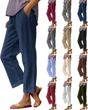 Cropped Linen Pants Women Plus Size Lightweight Summer Pants Straight Wide Leg Crop Pants Beach Pants with Pockets