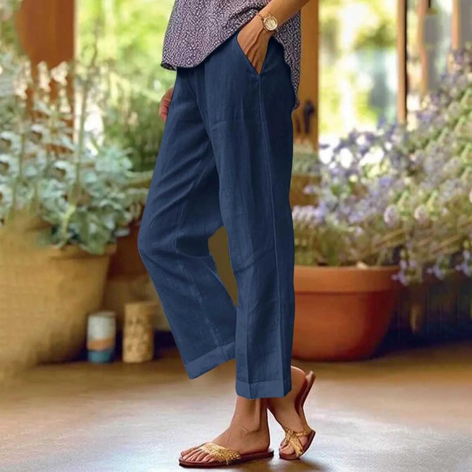 Cropped Linen Pants Women Plus Size Lightweight Summer Pants Straight Wide Leg Crop Pants Beach Pants with Pockets