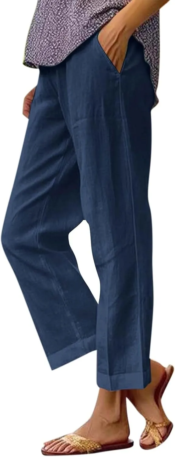 Cropped Linen Pants Women Plus Size Lightweight Summer Pants Straight Wide Leg Crop Pants Beach Pants with Pockets