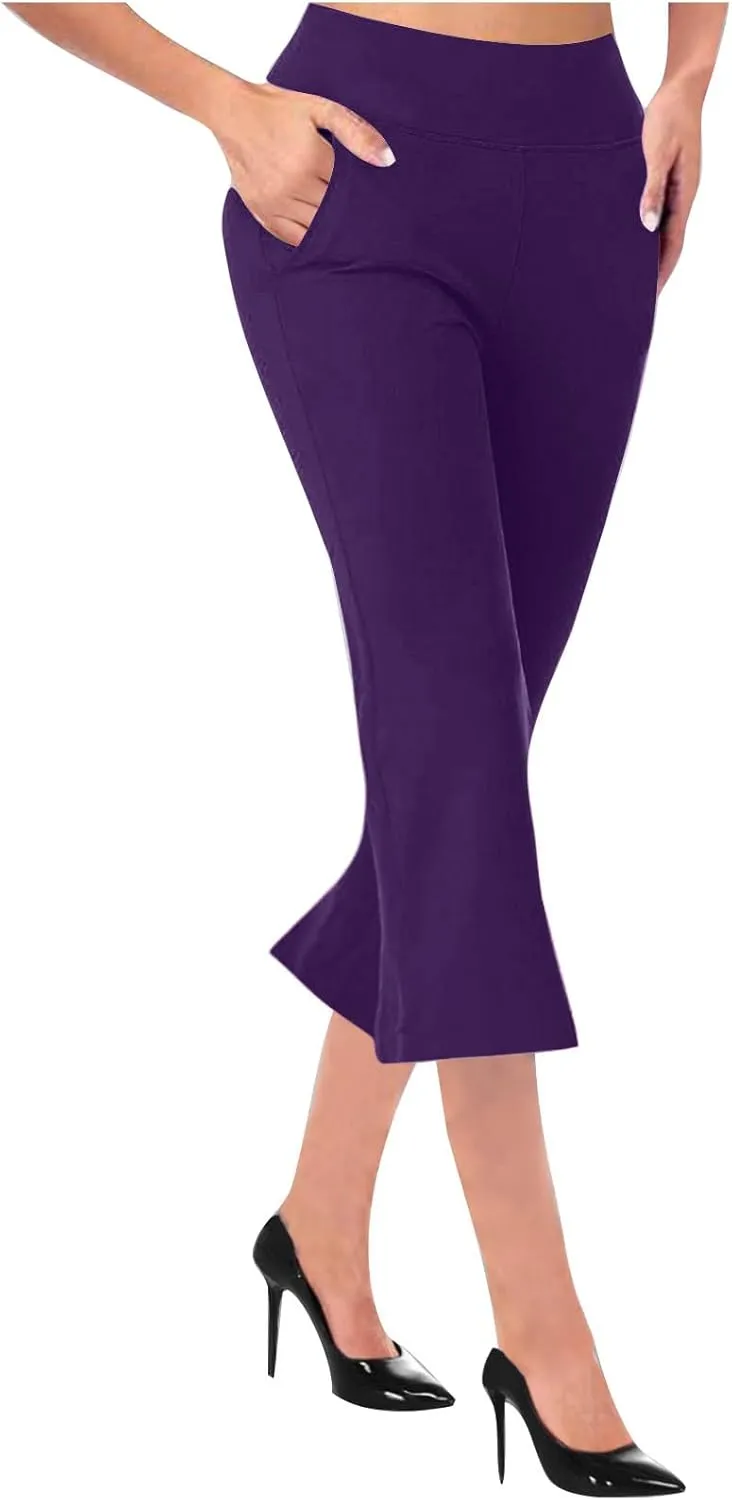 Cropped Trousers for Women Fashion Bell Bottom Pants High Elastic Waist Pants Comfy Pants Travel Pants with Pocket