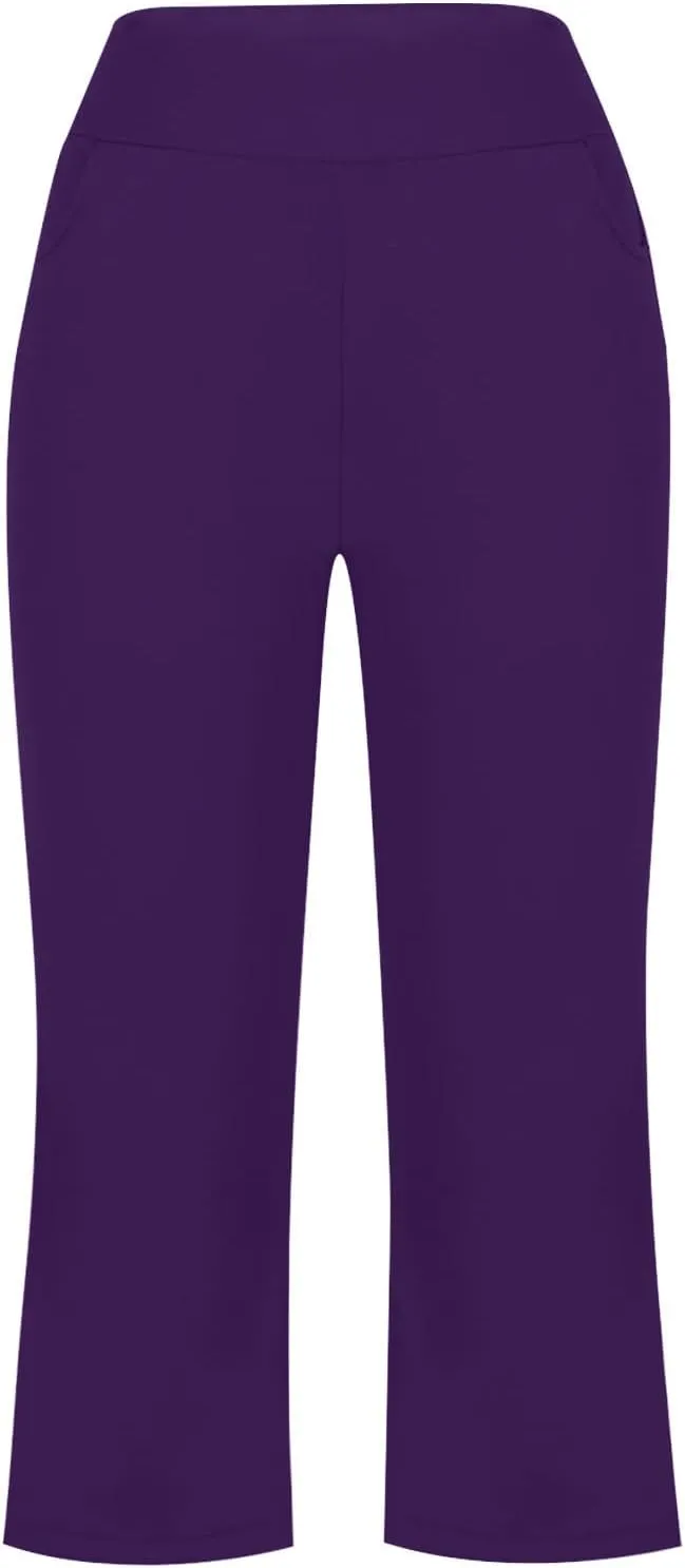 Cropped Trousers for Women Fashion Bell Bottom Pants High Elastic Waist Pants Comfy Pants Travel Pants with Pocket