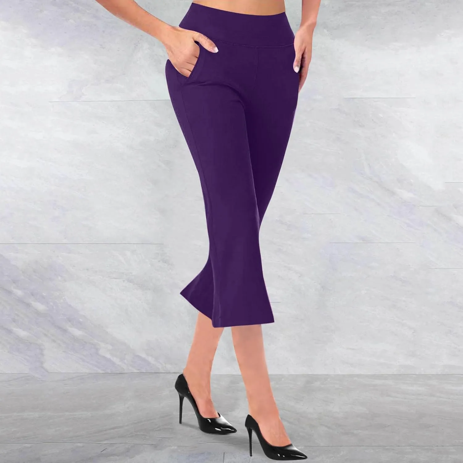 Cropped Trousers for Women Fashion Bell Bottom Pants High Elastic Waist Pants Comfy Pants Travel Pants with Pocket