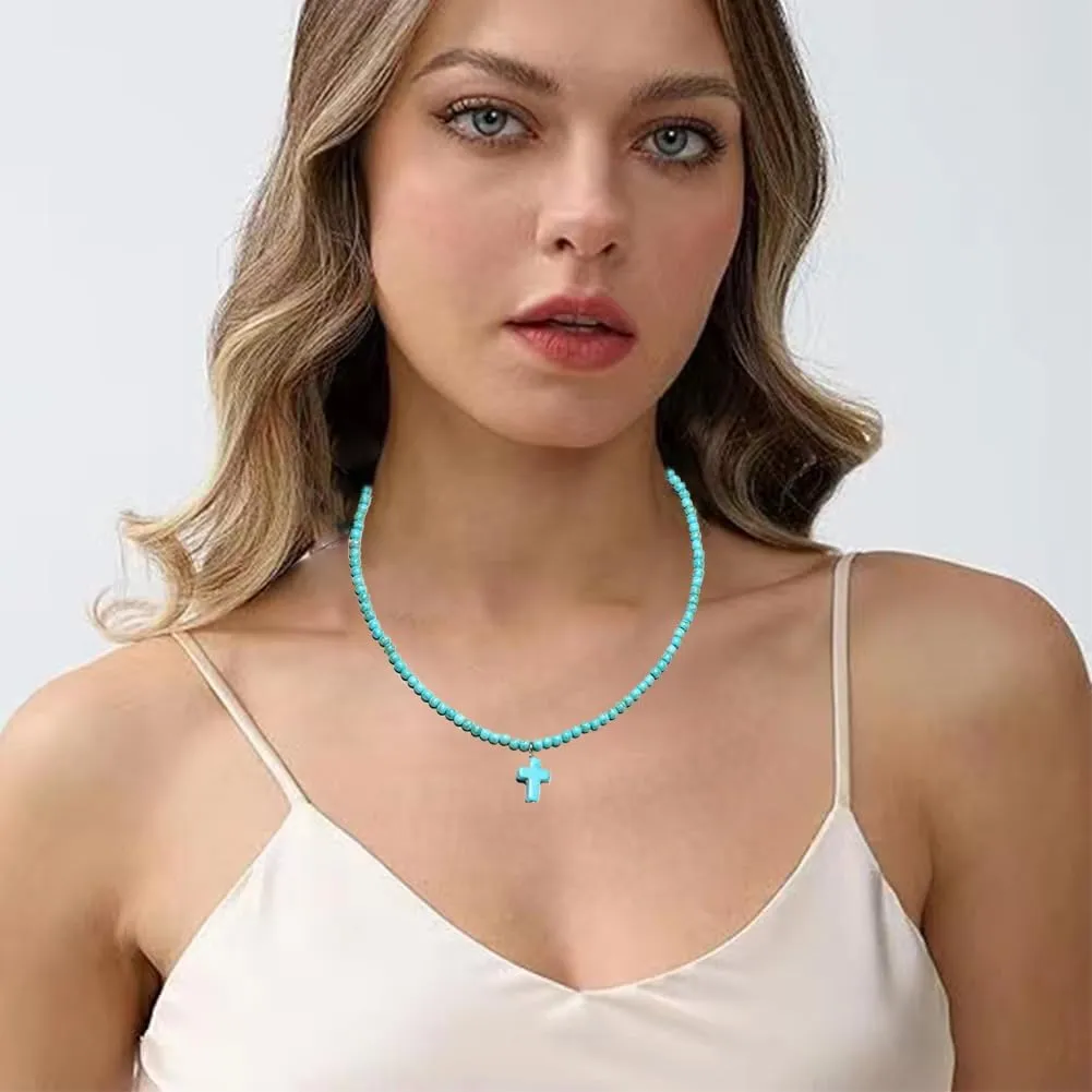 Cross Necklace Pendant Bohemian Turquoise Seed Blue Beaded Necklace Choker for Women Men Faith Jewelry Gift