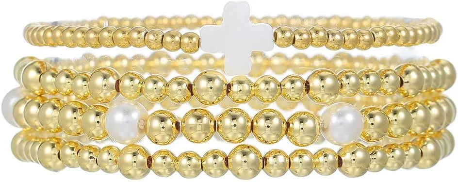 Cross Pearl Gold Beaded Bracelet Set for Women Handmade 4PCS Stack Dainty Round Ball Beads Layered Strand Stretch Stackable Boho Elastic Bracelets Bohemian Trendy Jewelry Fashion Non Tarnish