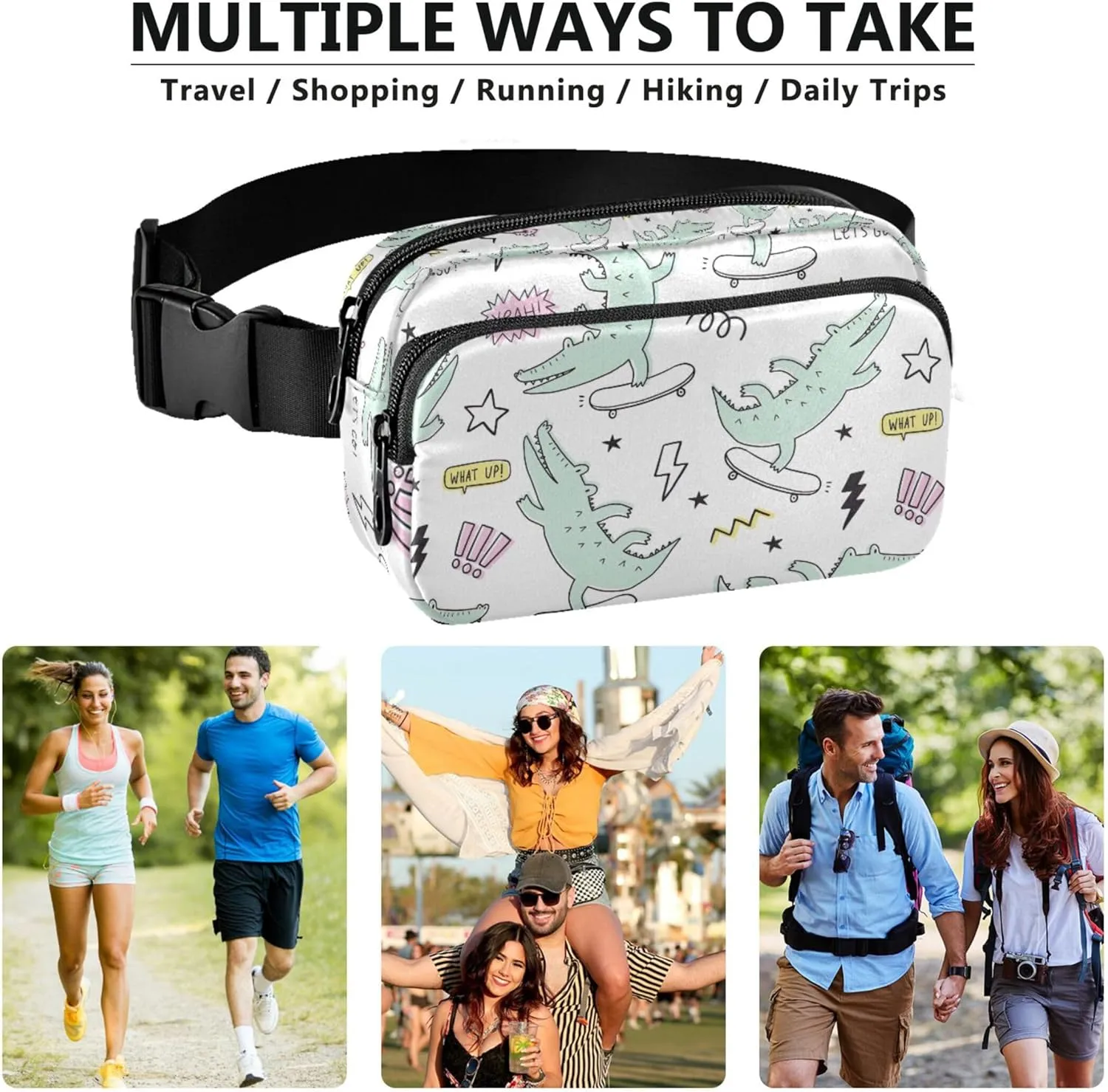 Customized Cartoon Crocodile Funny Waterproof Fanny Packs for Women Hip Pack Belt Pouch Fashion Crossbody Waist Purse