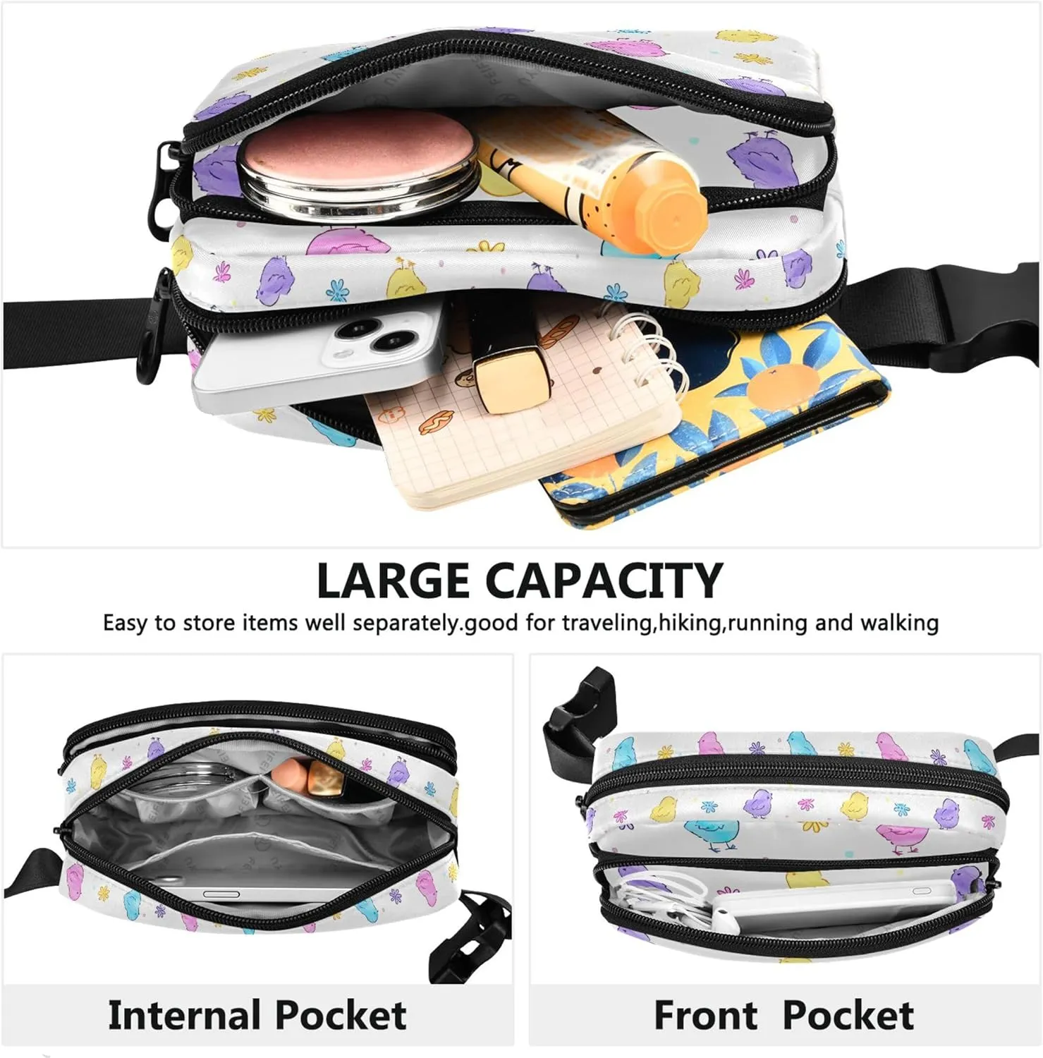 Customized Cute Easter Chickens Colorful Fanny Pack for Women Waterproof Anti Theft Belt Bag Cute Crossbody Waist Purse