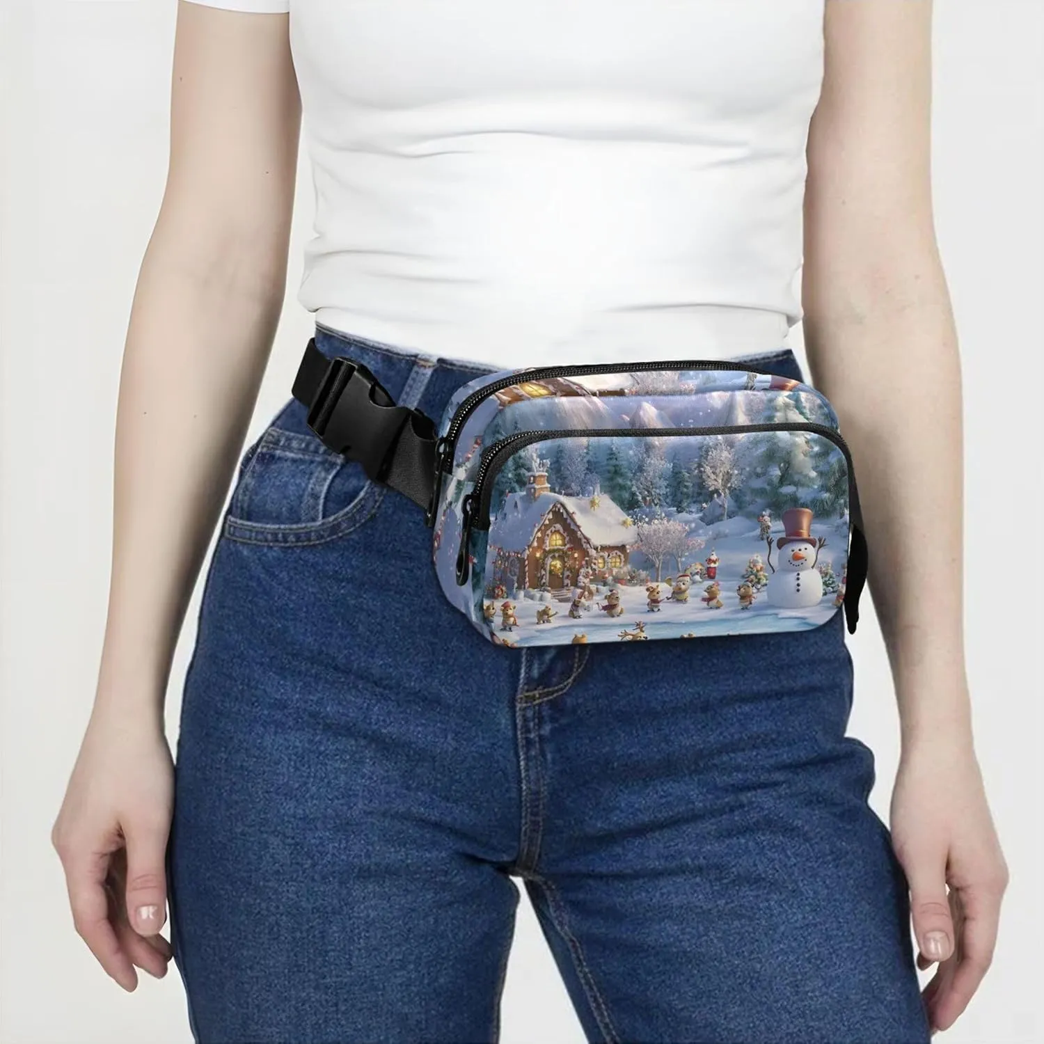 Cute Cartoon Winter Wonderland Waterproof Fanny Pack for Women Hip Pack Belt Bag Cartoon Crossbody Waist Purse