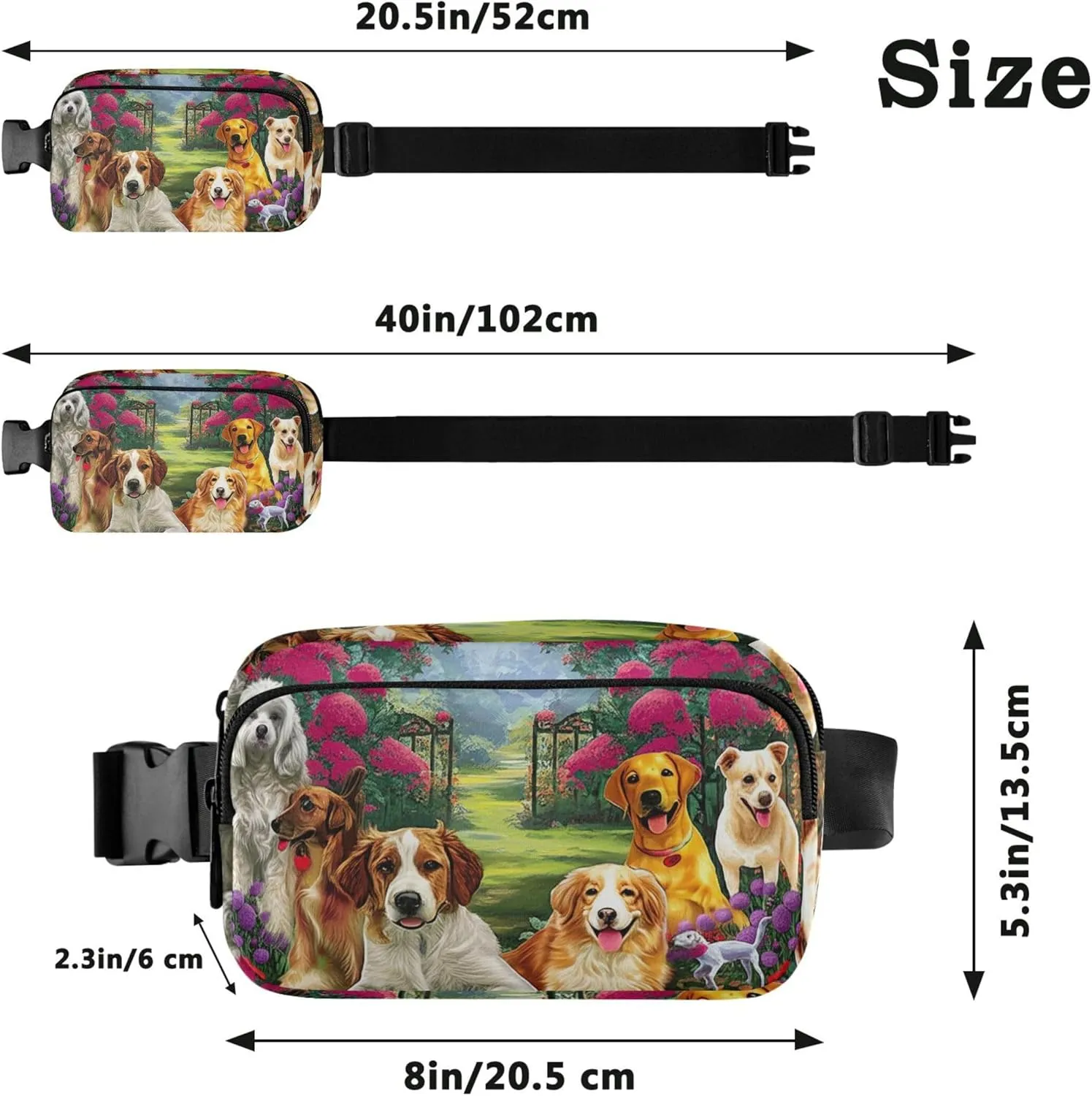 Cute Dogs Flower Garden Women Fanny Packs Pattern Anti Theft Belt Bag Waterproof Travel Waist Pouch