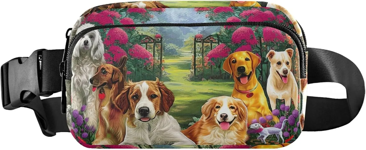 Cute Dogs Flower Garden Women Fanny Packs Pattern Anti Theft Belt Bag Waterproof Travel Waist Pouch
