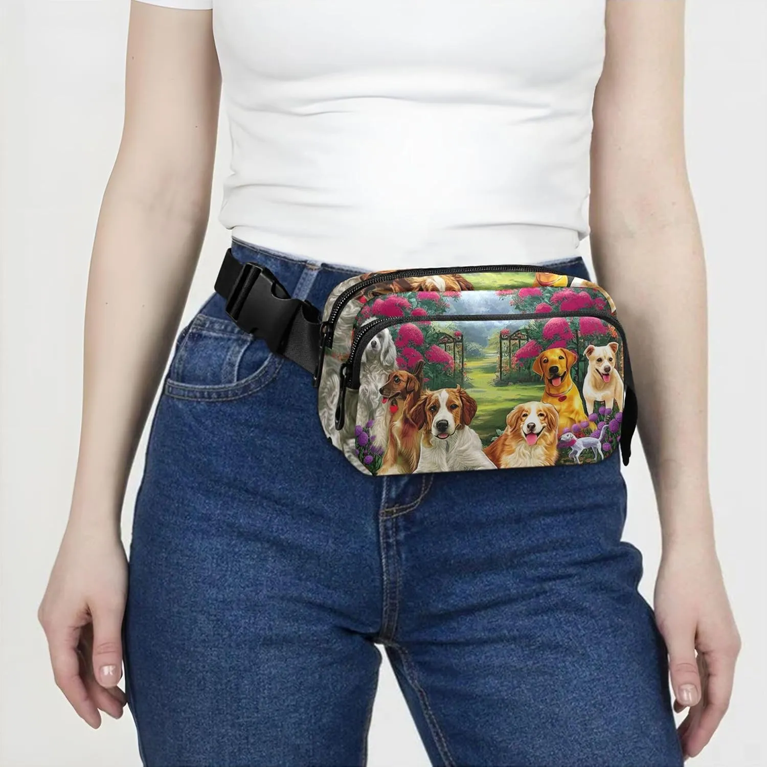 Cute Dogs Flower Garden Women Fanny Packs Pattern Anti Theft Belt Bag Waterproof Travel Waist Pouch