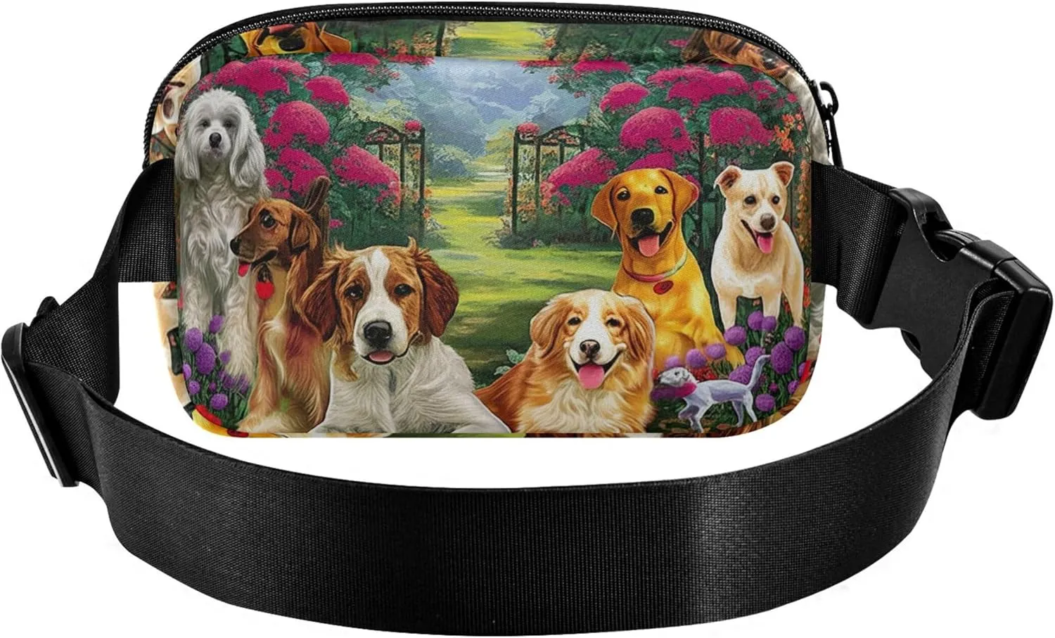 Cute Dogs Flower Garden Women Fanny Packs Pattern Anti Theft Belt Bag Waterproof Travel Waist Pouch
