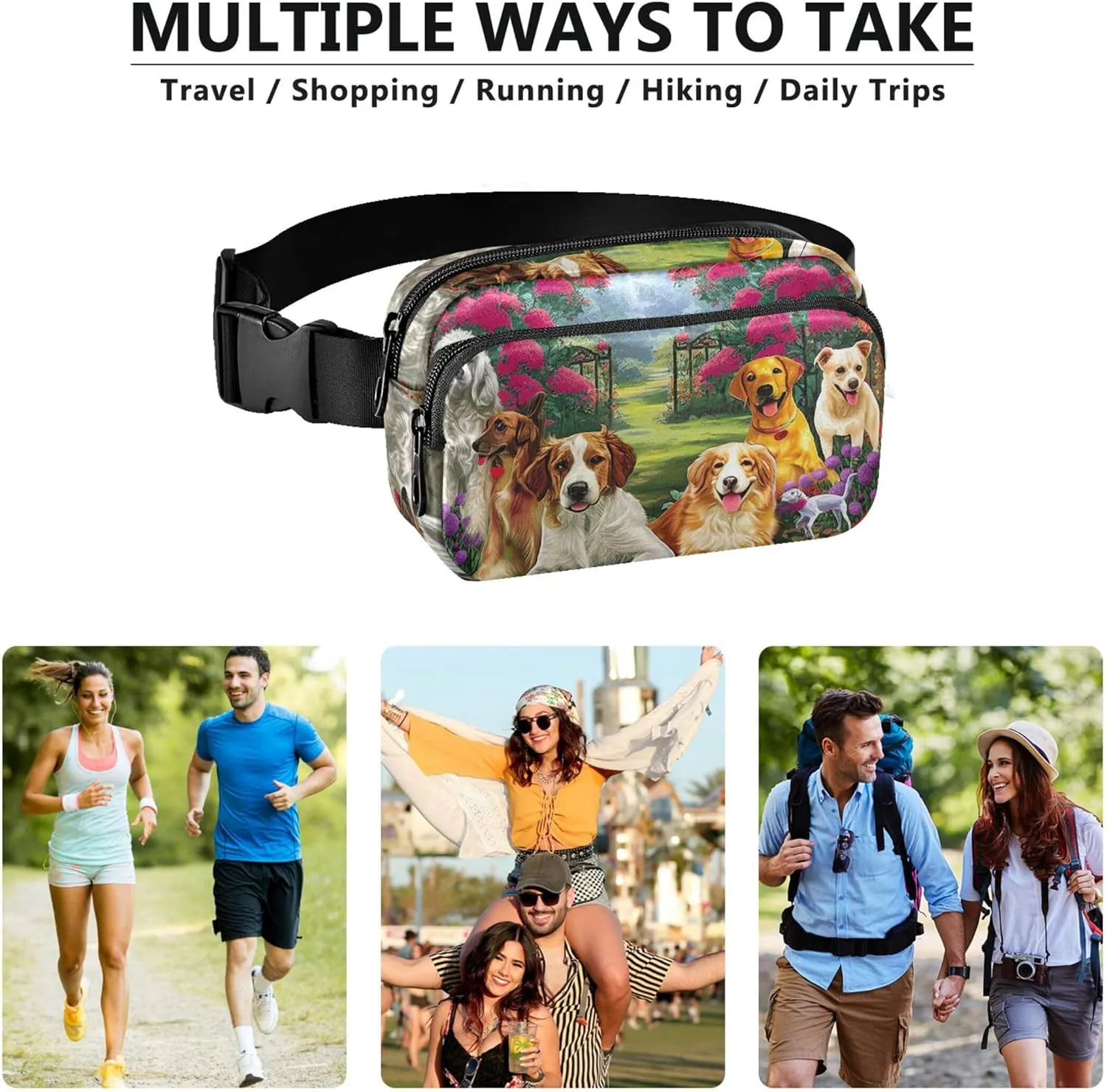 Cute Dogs Flower Garden Women Fanny Packs Pattern Anti Theft Belt Bag Waterproof Travel Waist Pouch