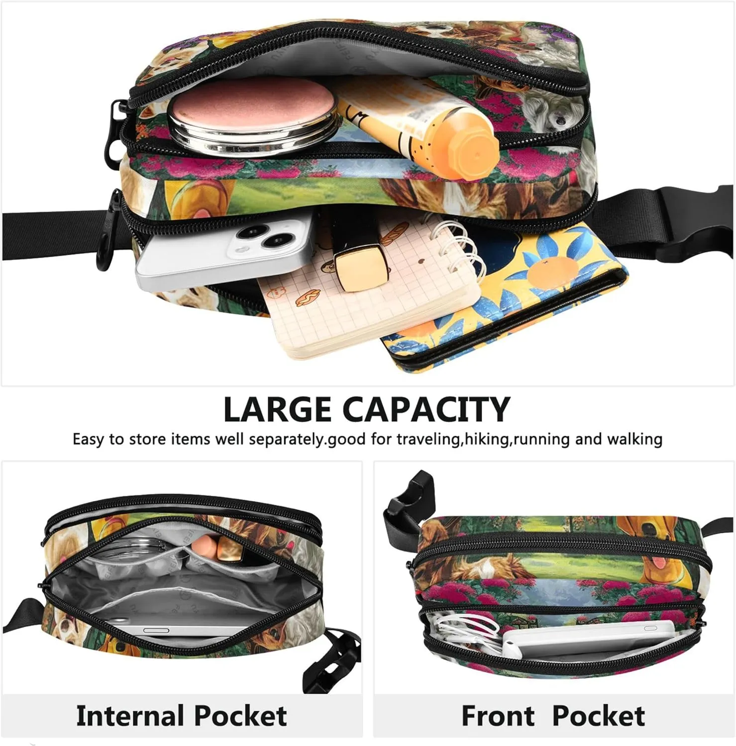 Cute Dogs Flower Garden Women Fanny Packs Pattern Anti Theft Belt Bag Waterproof Travel Waist Pouch