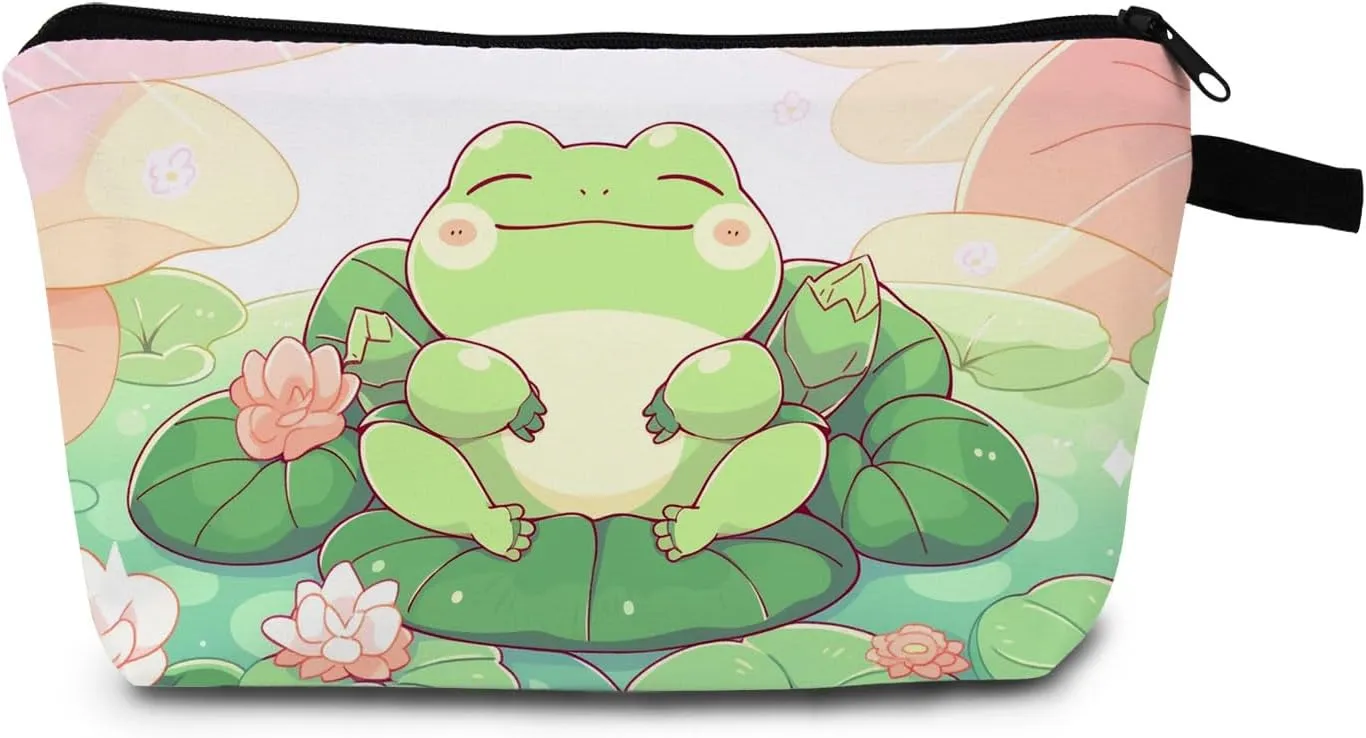 Cute Frog Print Women Makeup Bag Travel Cosmetic Organizer Bag Small Zipper Toiletry Kit