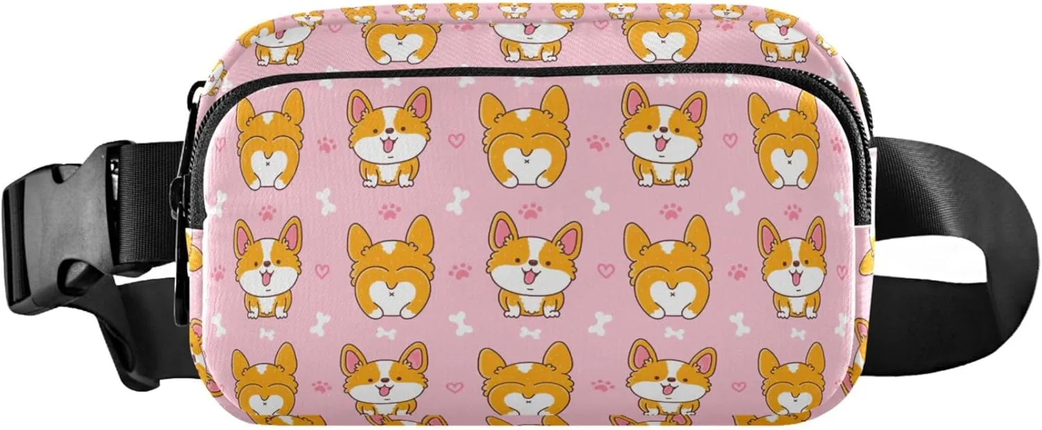 Cute Happy Corgi Dog Pink Womens Fanny Pack Waterproof Hip Bag Belt Pouch Cute Crossbody Waist Pack