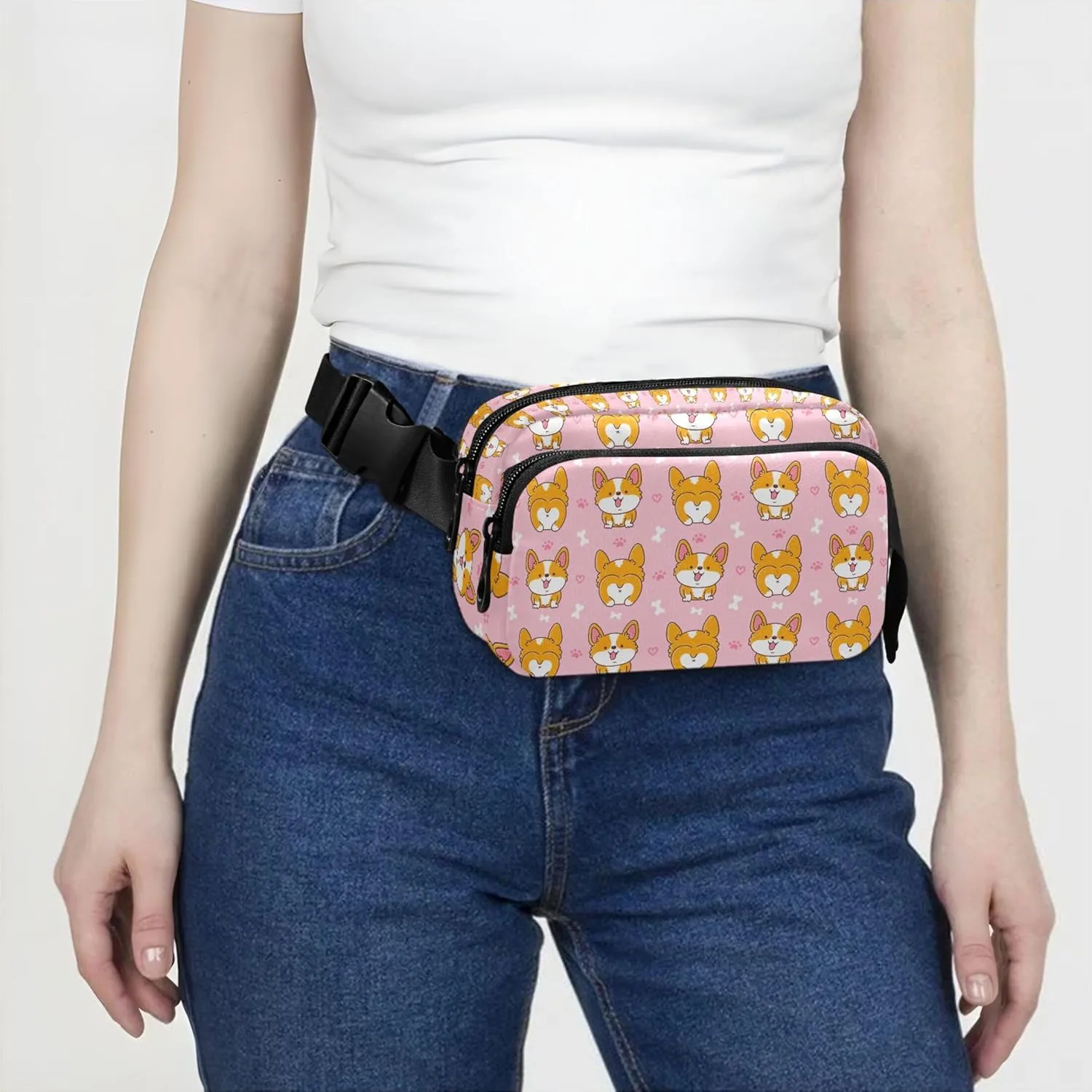 Cute Happy Corgi Dog Pink Womens Fanny Pack Waterproof Hip Bag Belt Pouch Cute Crossbody Waist Pack