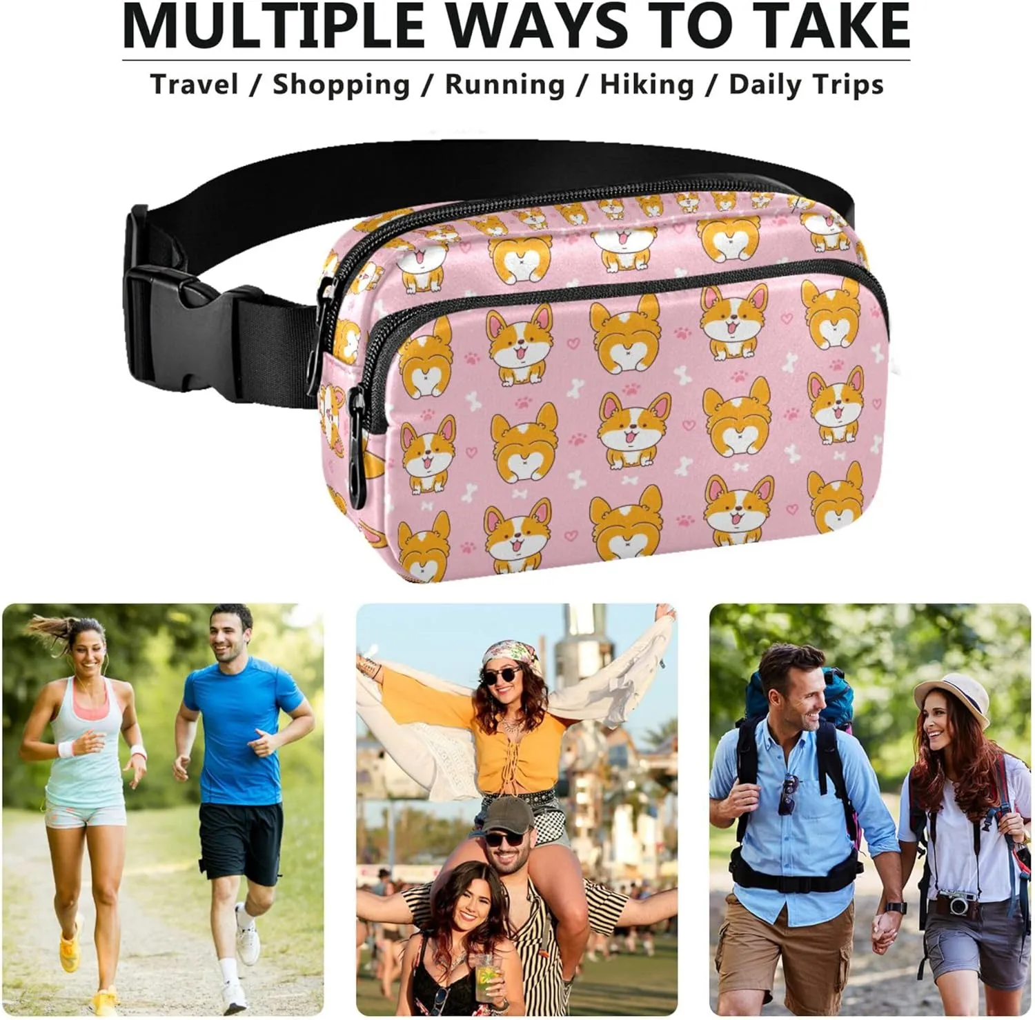 Cute Happy Corgi Dog Pink Womens Fanny Pack Waterproof Hip Bag Belt Pouch Cute Crossbody Waist Pack