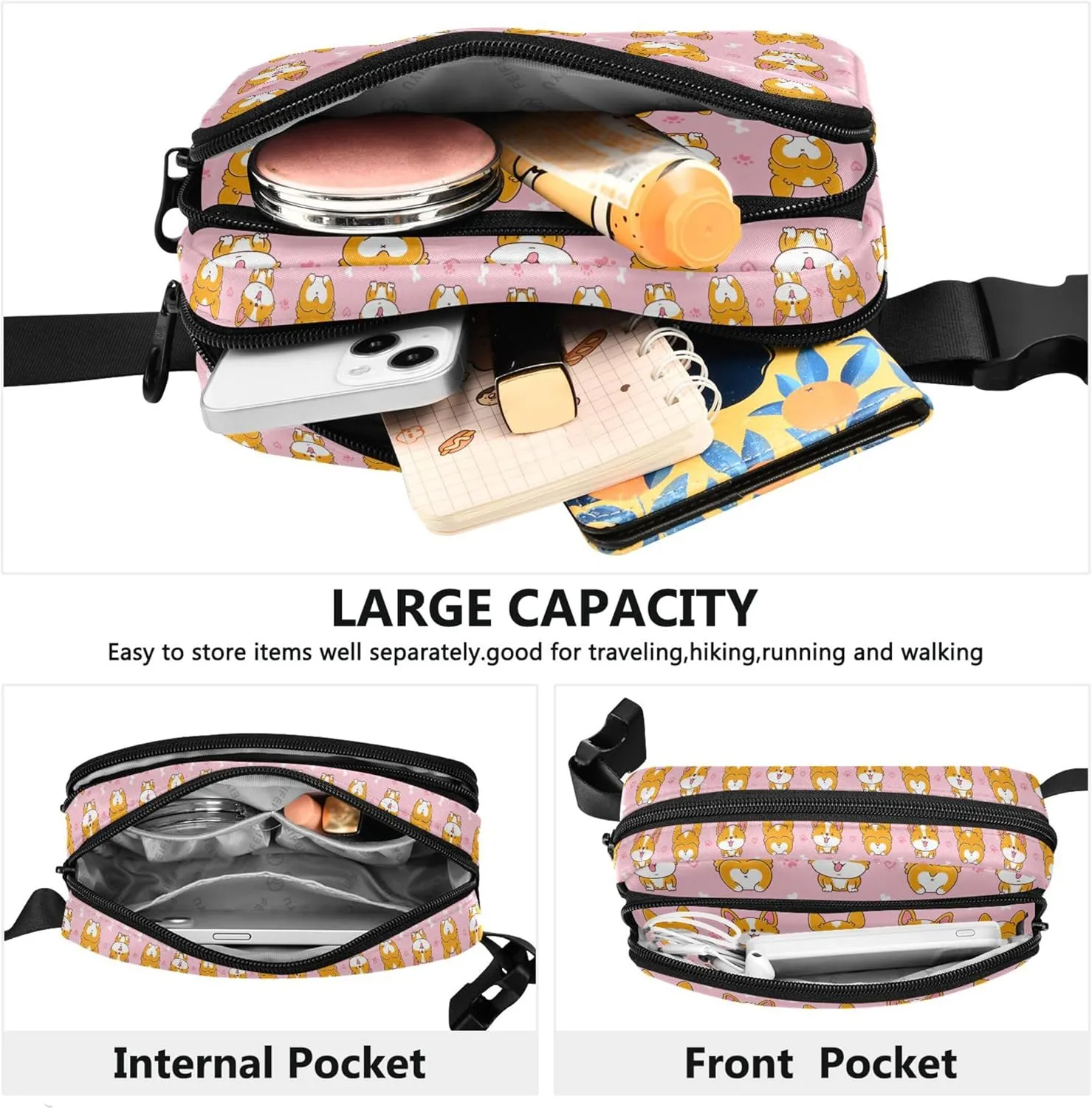 Cute Happy Corgi Dog Pink Womens Fanny Pack Waterproof Hip Bag Belt Pouch Cute Crossbody Waist Pack