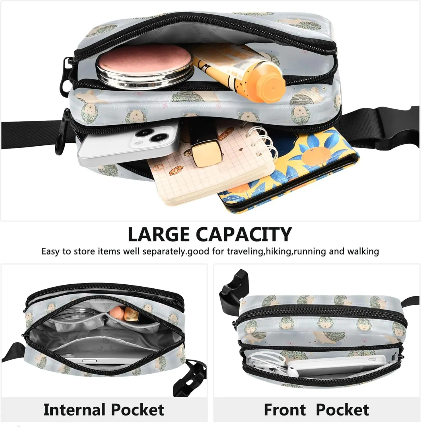 Cute Hedgehogs Flowers Women Fanny Packs Belt Bag Hip Pack Waterproof Neon Waist Purse for Women