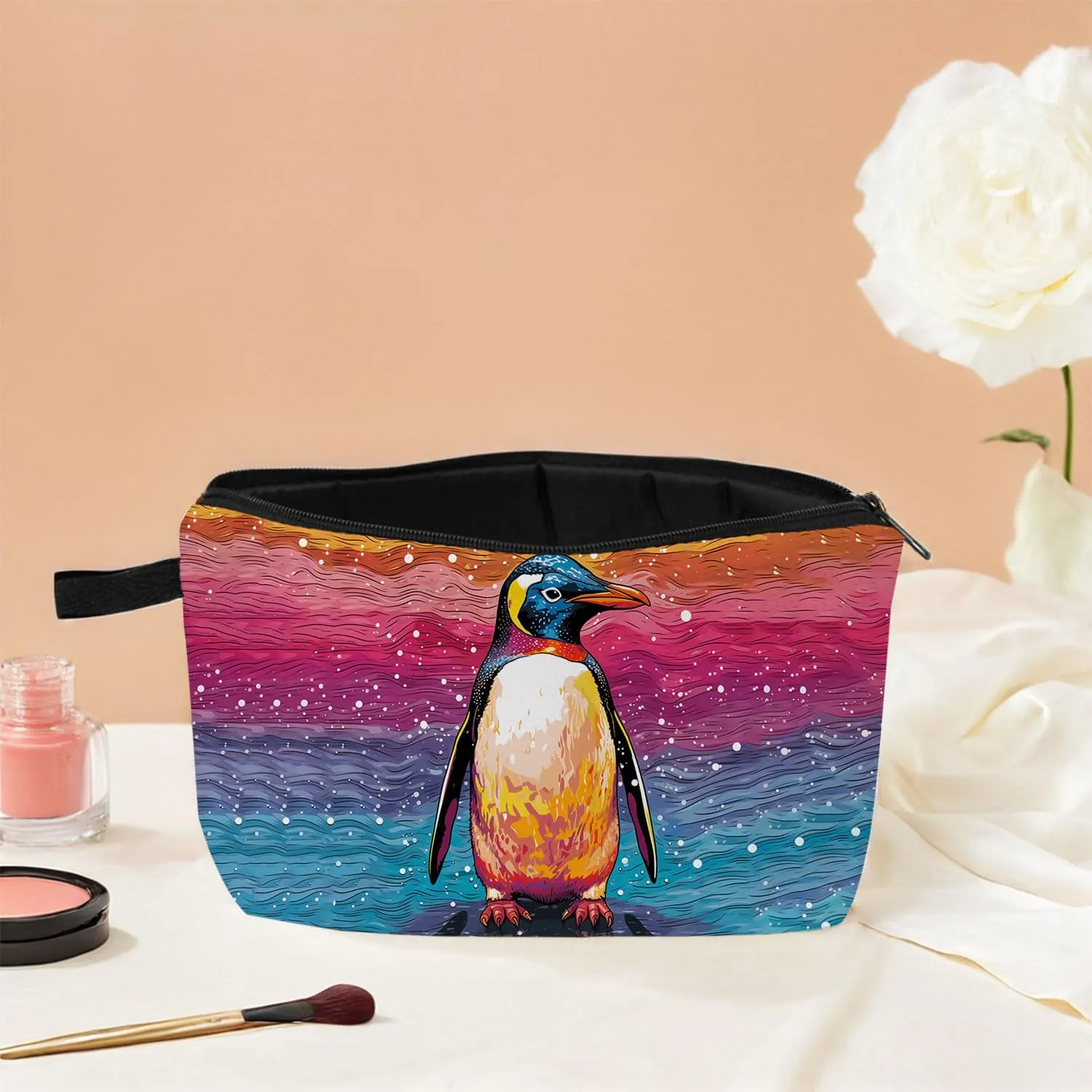 Cute Penguin Hearts Makeup Bag Travel Portable Cosmetic Pouch Toiletry Organizer Storage Bag Zipper Pouch For Women Organizer Toiletries Bag for Travel