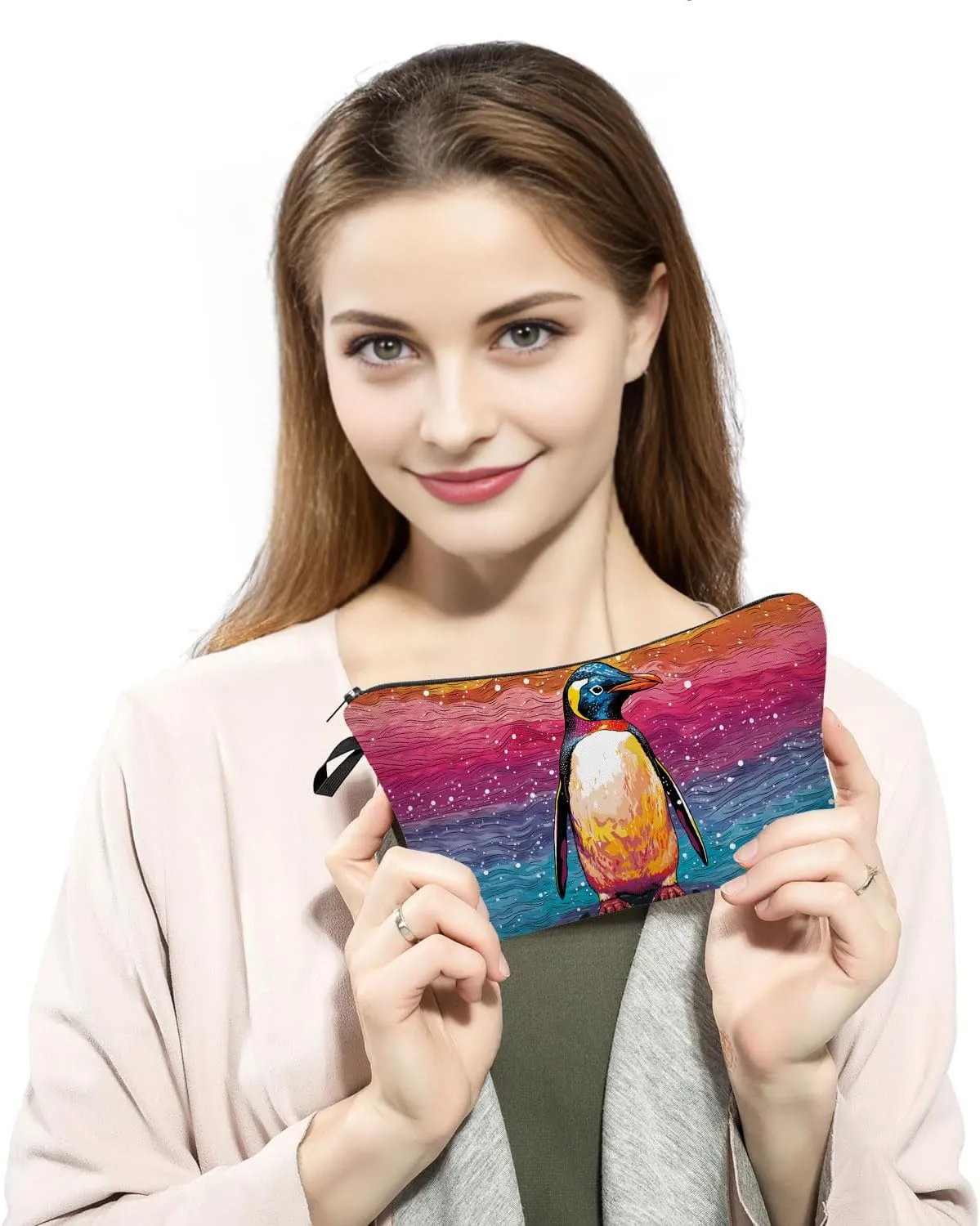 Cute Penguin Hearts Makeup Bag Travel Portable Cosmetic Pouch Toiletry Organizer Storage Bag Zipper Pouch For Women Organizer Toiletries Bag for Travel