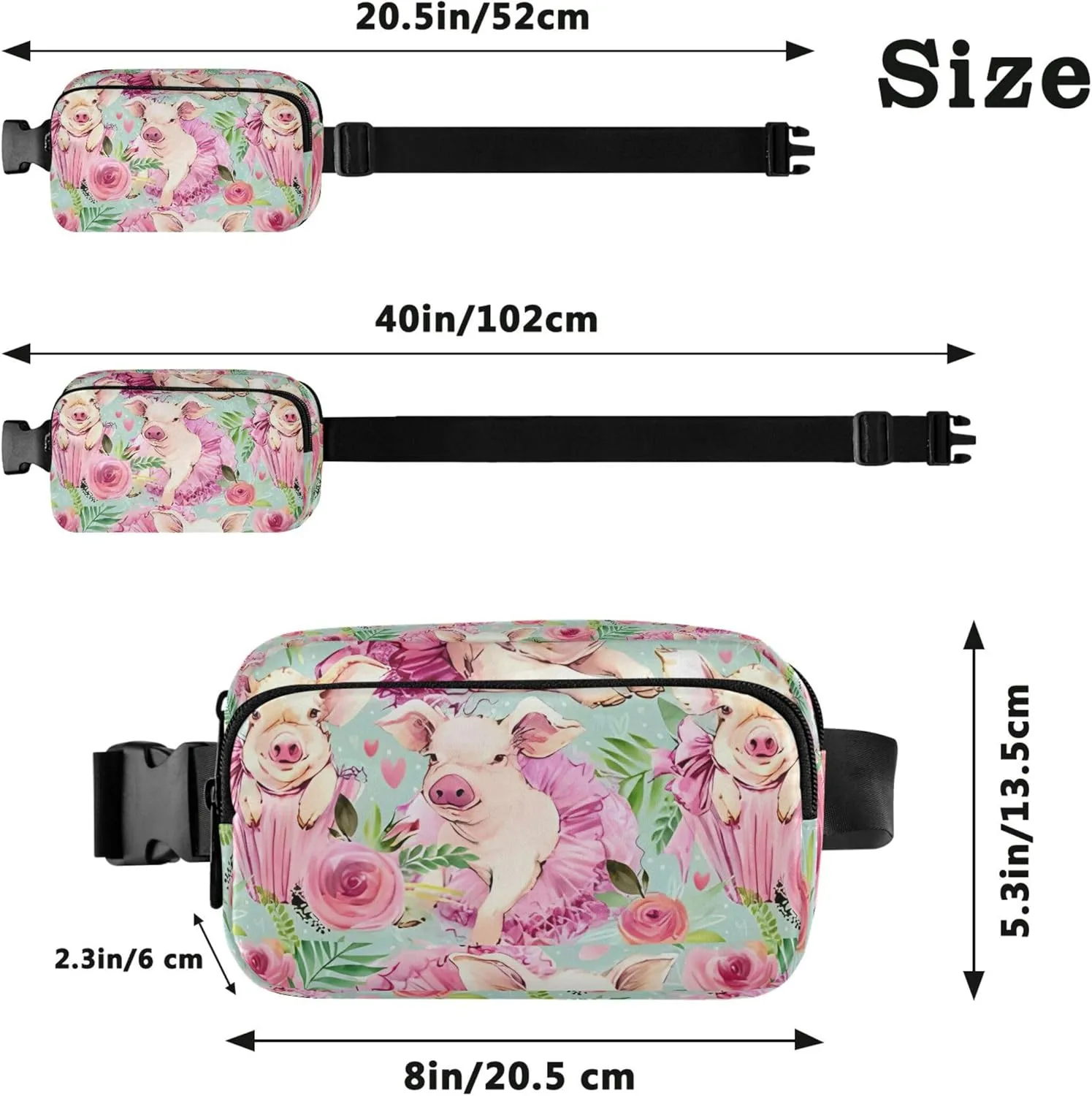 Cute Pig Pink Floral Womens Fanny Pack Waterproof Belt Bag Hip Pack Cute Crossbody Waist Purse