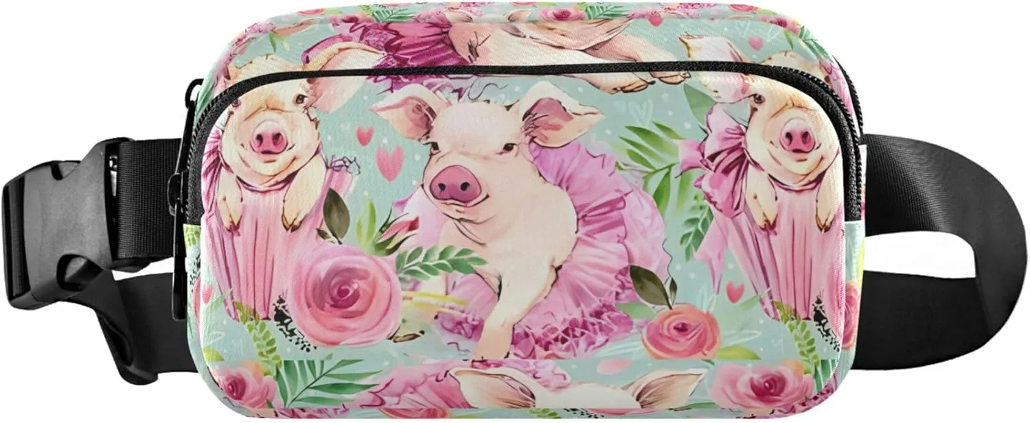 Cute Pig Pink Floral Womens Fanny Pack Waterproof Belt Bag Hip Pack Cute Crossbody Waist Purse