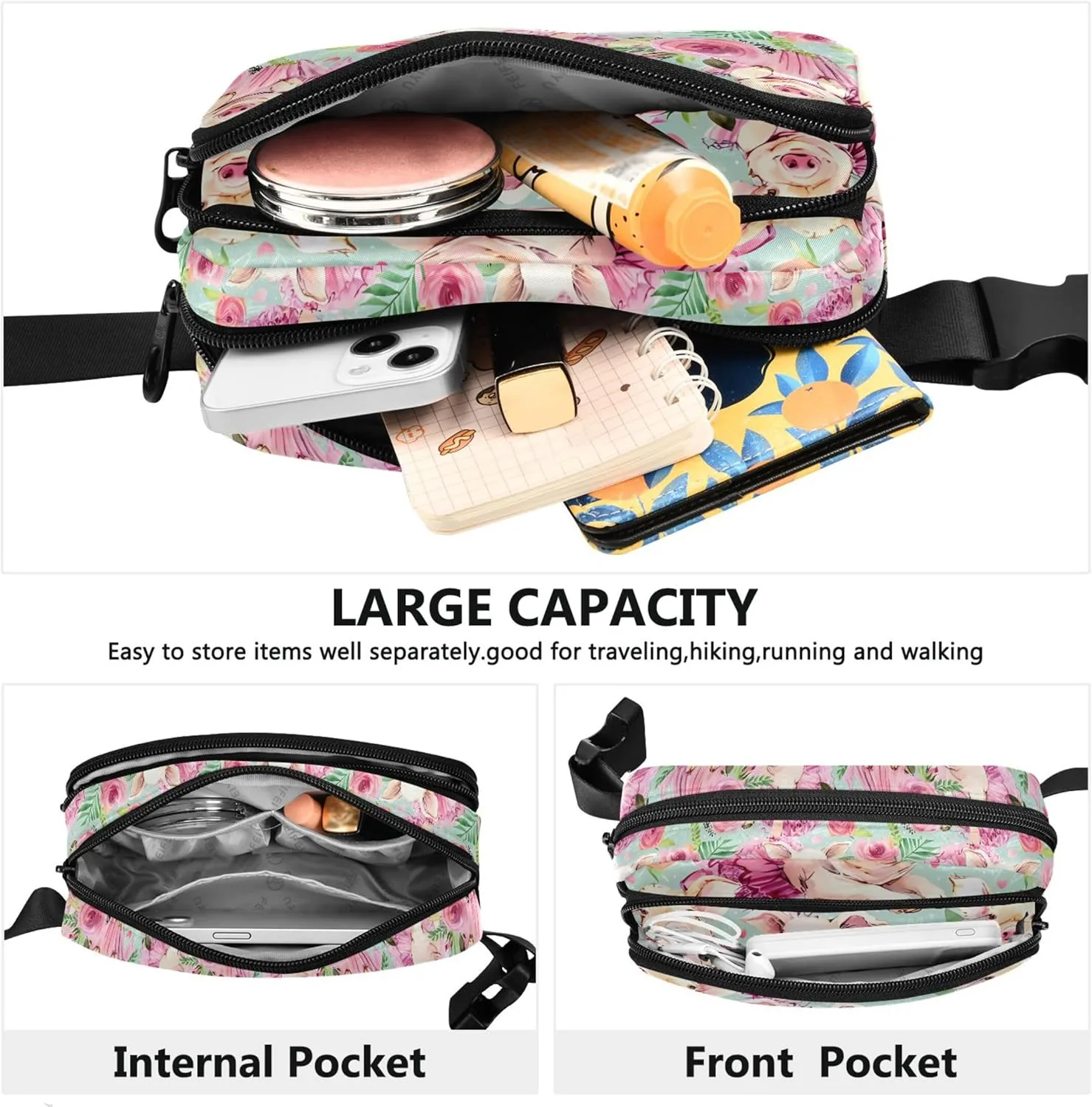 Cute Pig Pink Floral Womens Fanny Pack Waterproof Belt Bag Hip Pack Cute Crossbody Waist Purse