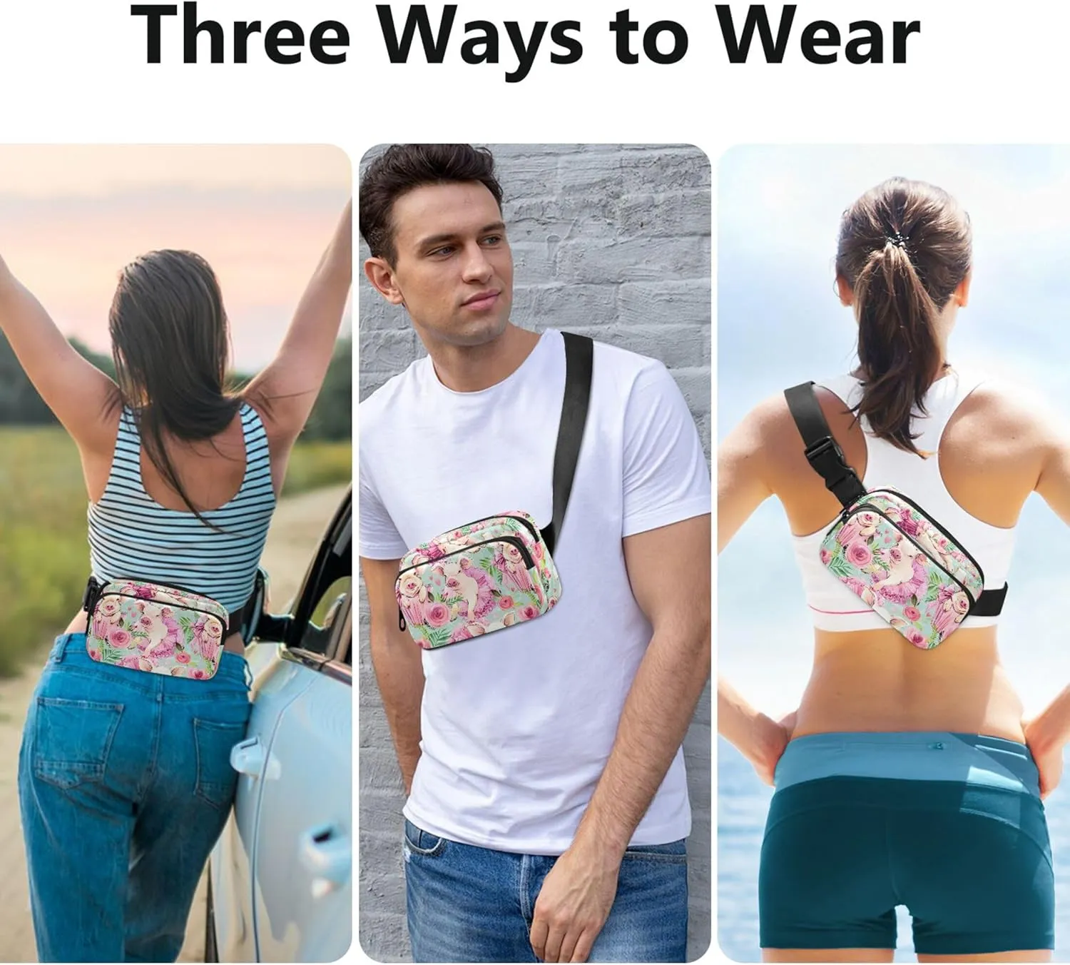Cute Pig Pink Floral Womens Fanny Pack Waterproof Belt Bag Hip Pack Cute Crossbody Waist Purse