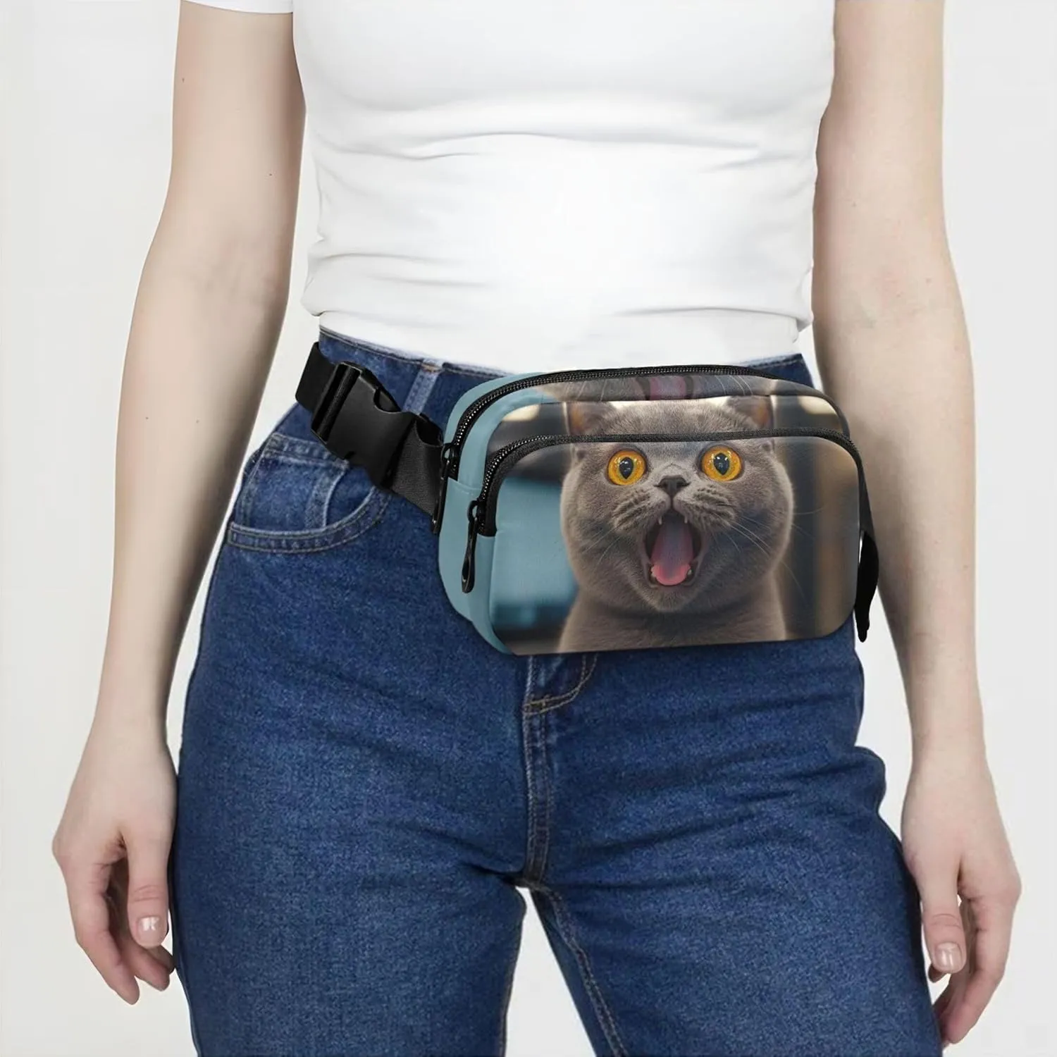 Cute Surprised Gray Cat Waterproof Womens Fanny Pack Hip Bag Belt Purse Pattern Travel Waist Pouch