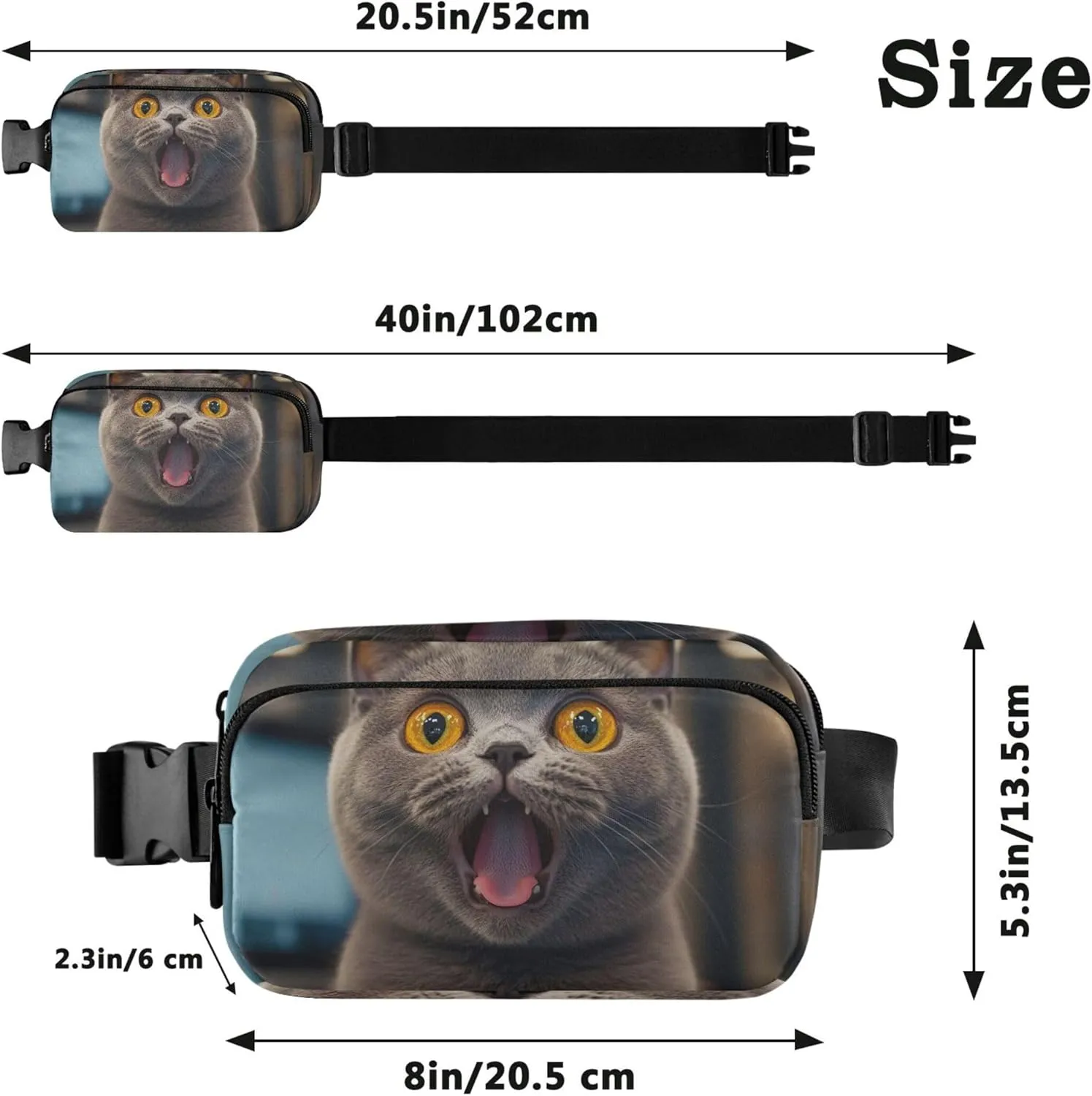 Cute Surprised Gray Cat Waterproof Womens Fanny Pack Hip Bag Belt Purse Pattern Travel Waist Pouch