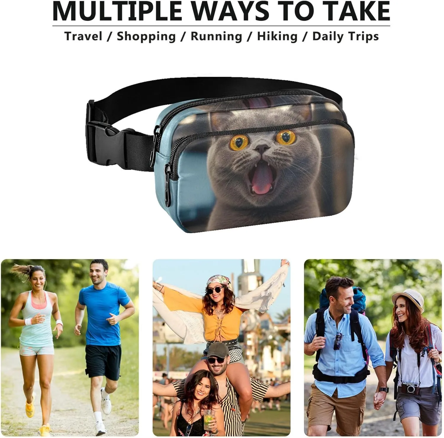 Cute Surprised Gray Cat Waterproof Womens Fanny Pack Hip Bag Belt Purse Pattern Travel Waist Pouch