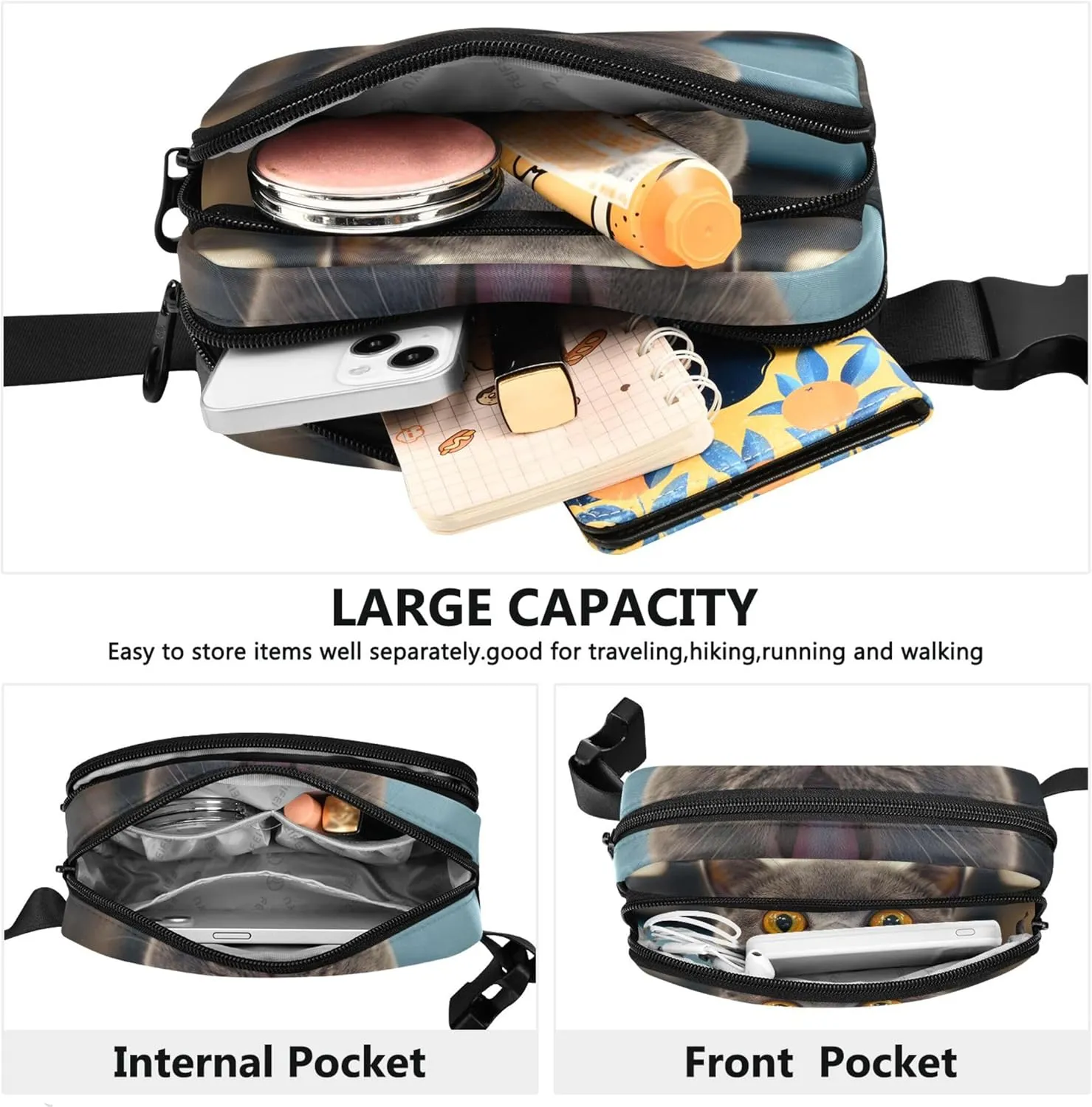 Cute Surprised Gray Cat Waterproof Womens Fanny Pack Hip Bag Belt Purse Pattern Travel Waist Pouch