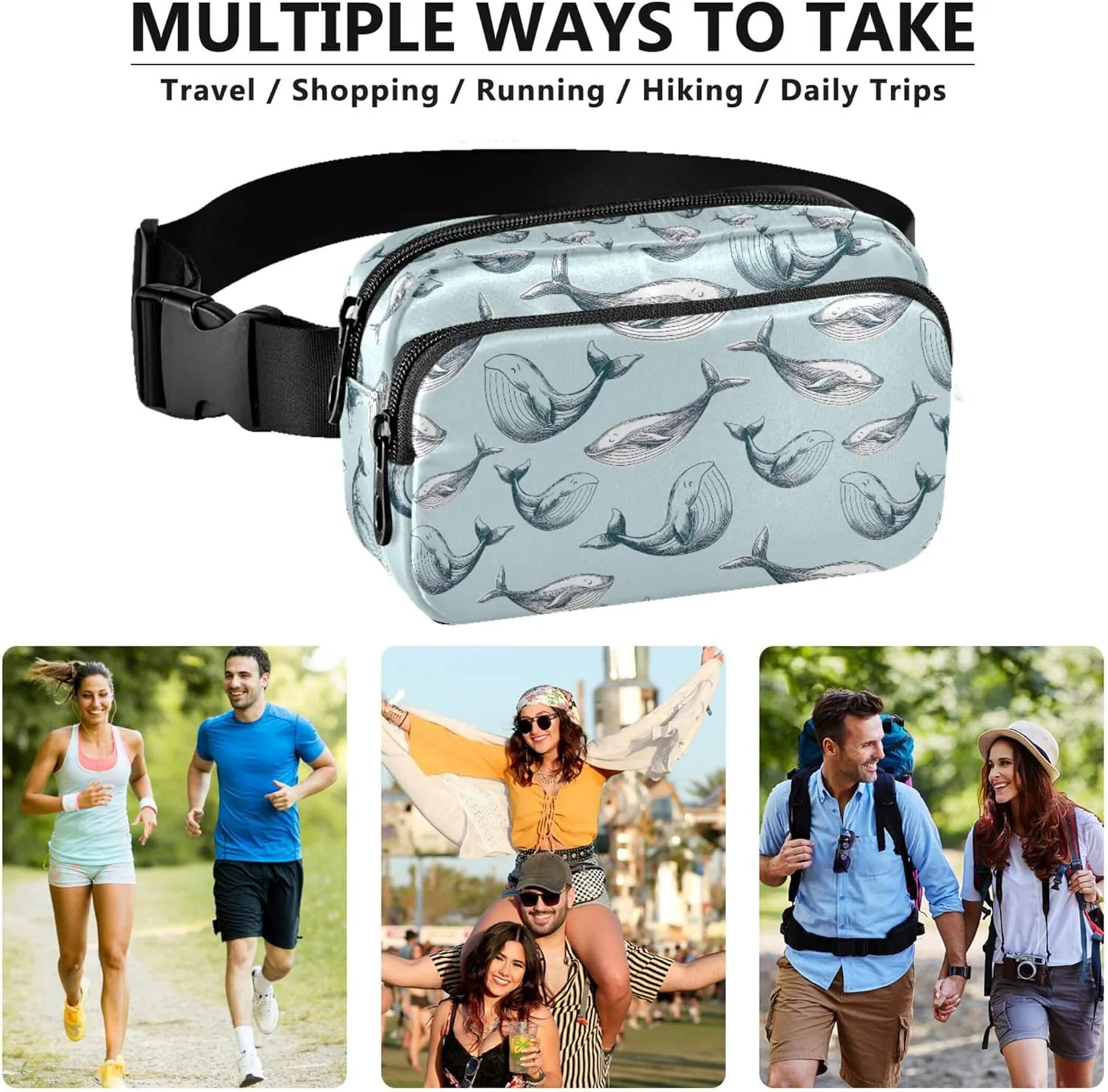 Cute Whale Women Fanny Pack Hip Pouch Belt Bag Waterproof Festival Travel Waist Pack for Men