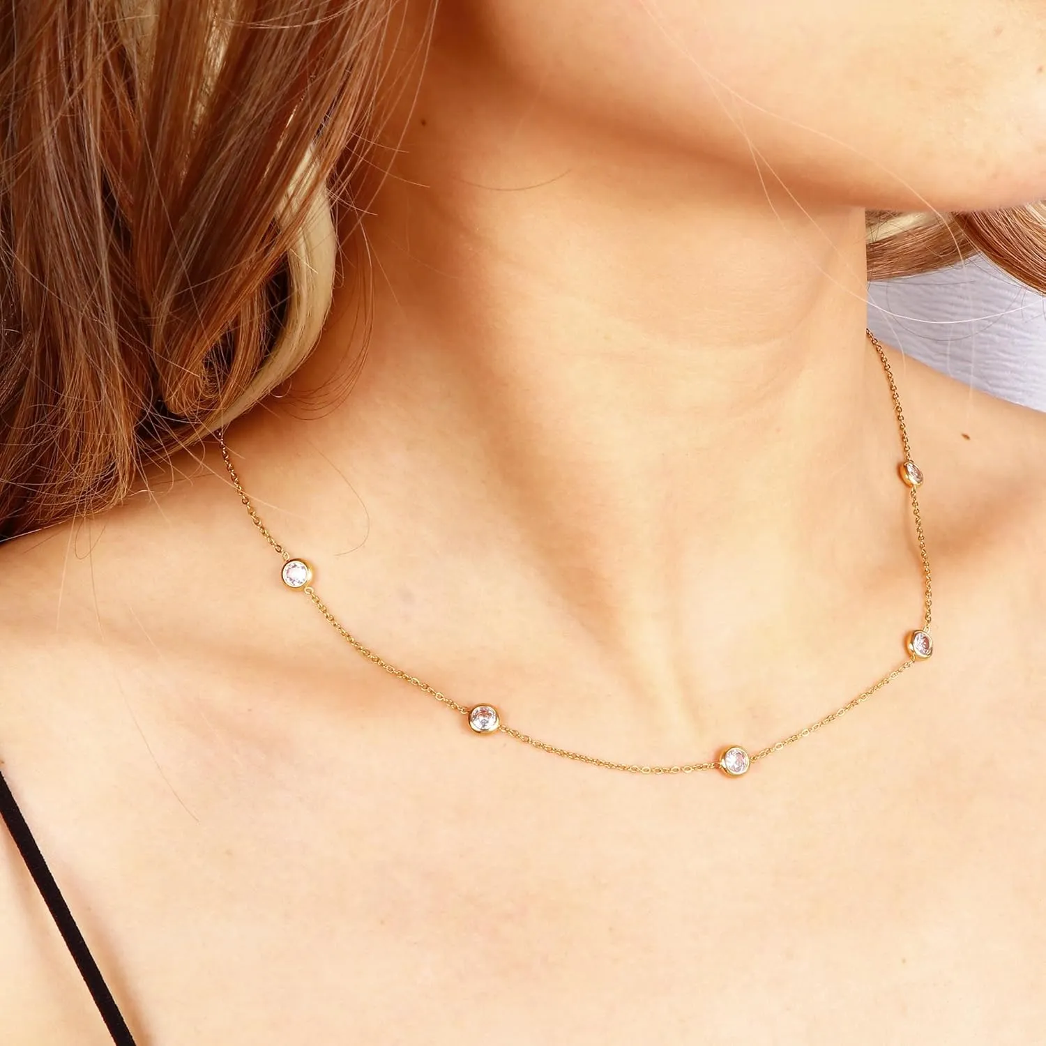 Dainty Gold Necklace for Women, Gold Plated Cubic Zirconia Drop Satellite Chain Necklace Jewelry for Women